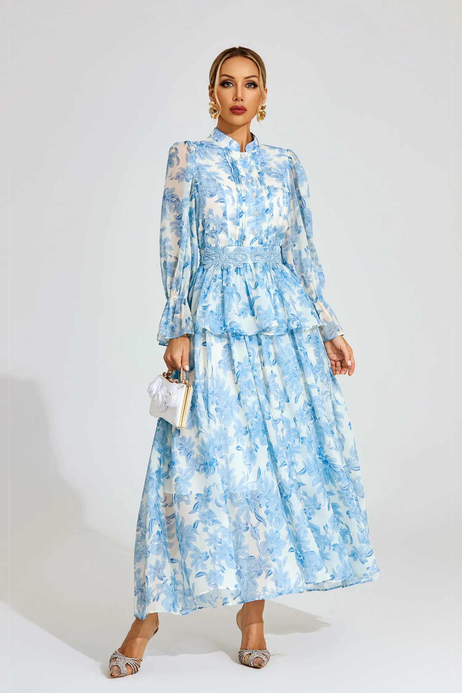Magnolia Blue Floral Chiffon Maxi Dress
