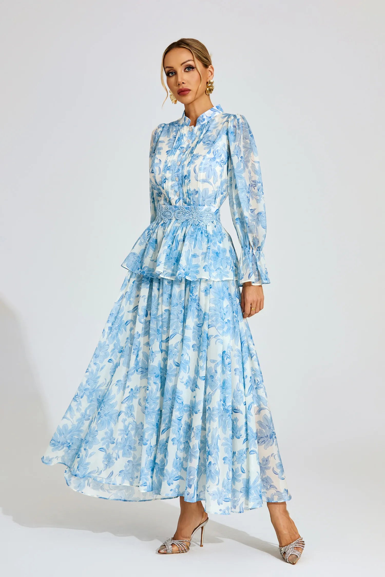 Magnolia Blue Floral Chiffon Maxi Dress