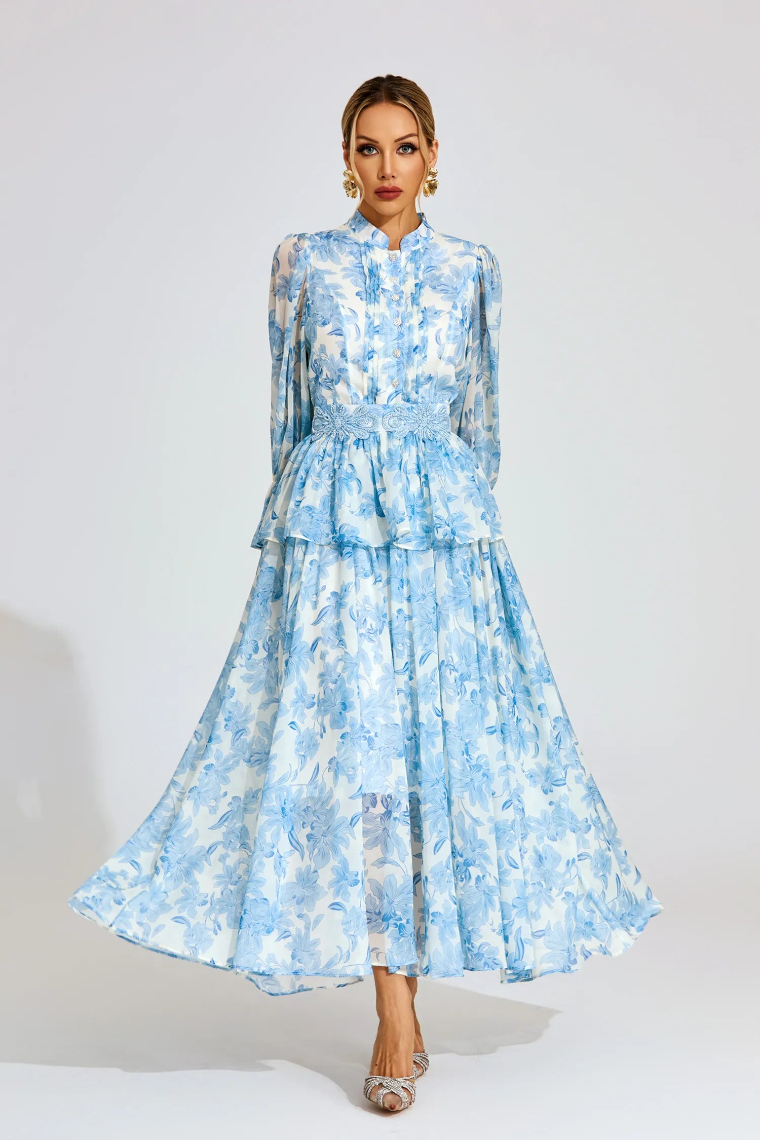 Magnolia Blue Floral Chiffon Maxi Dress