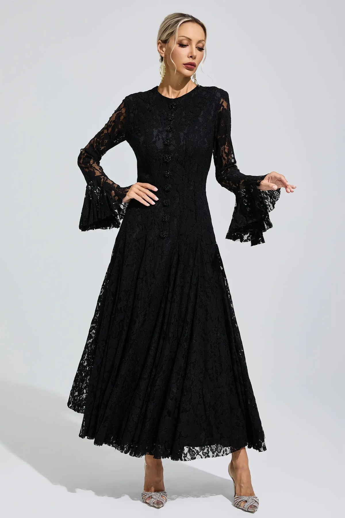 Calliope Black Bell Sleeve Lace Maxi Dress