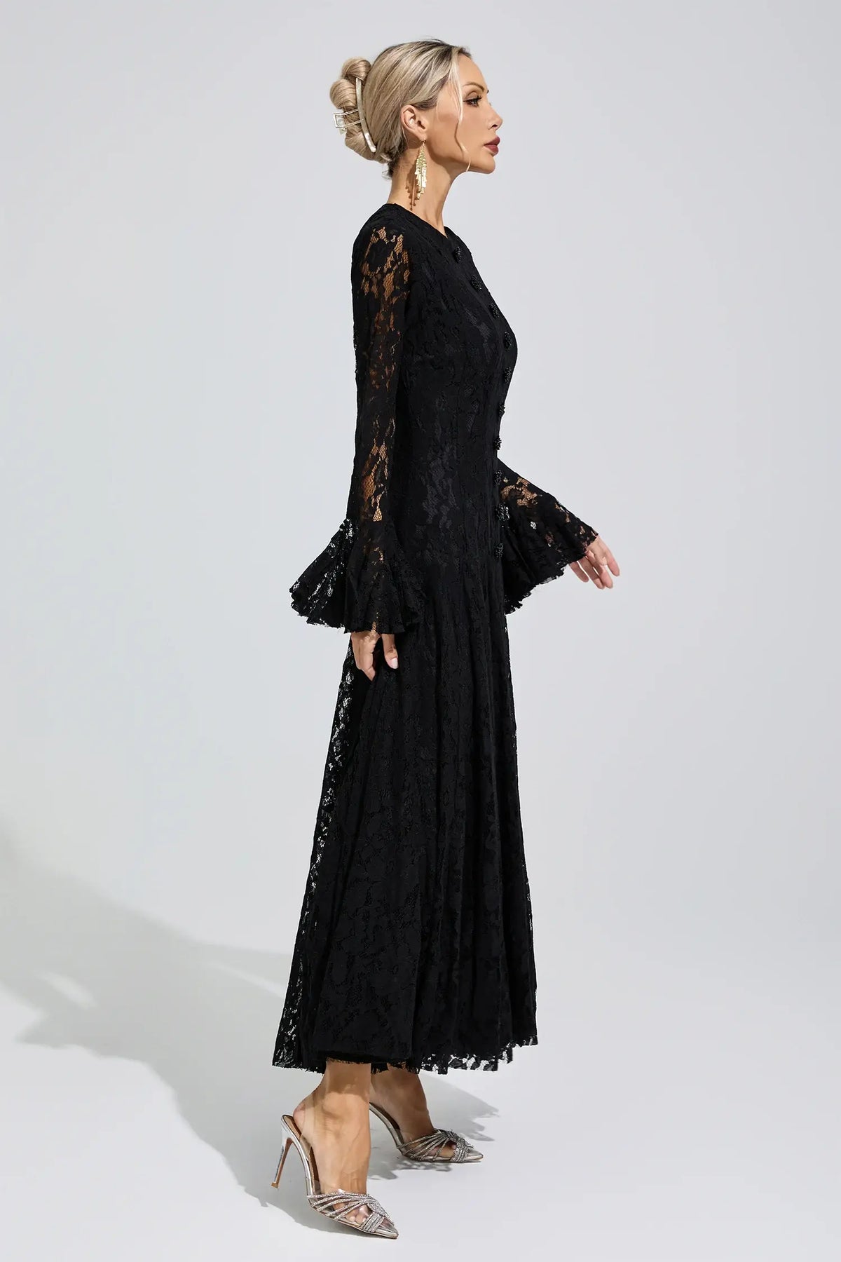 Calliope Black Bell Sleeve Lace Maxi Dress