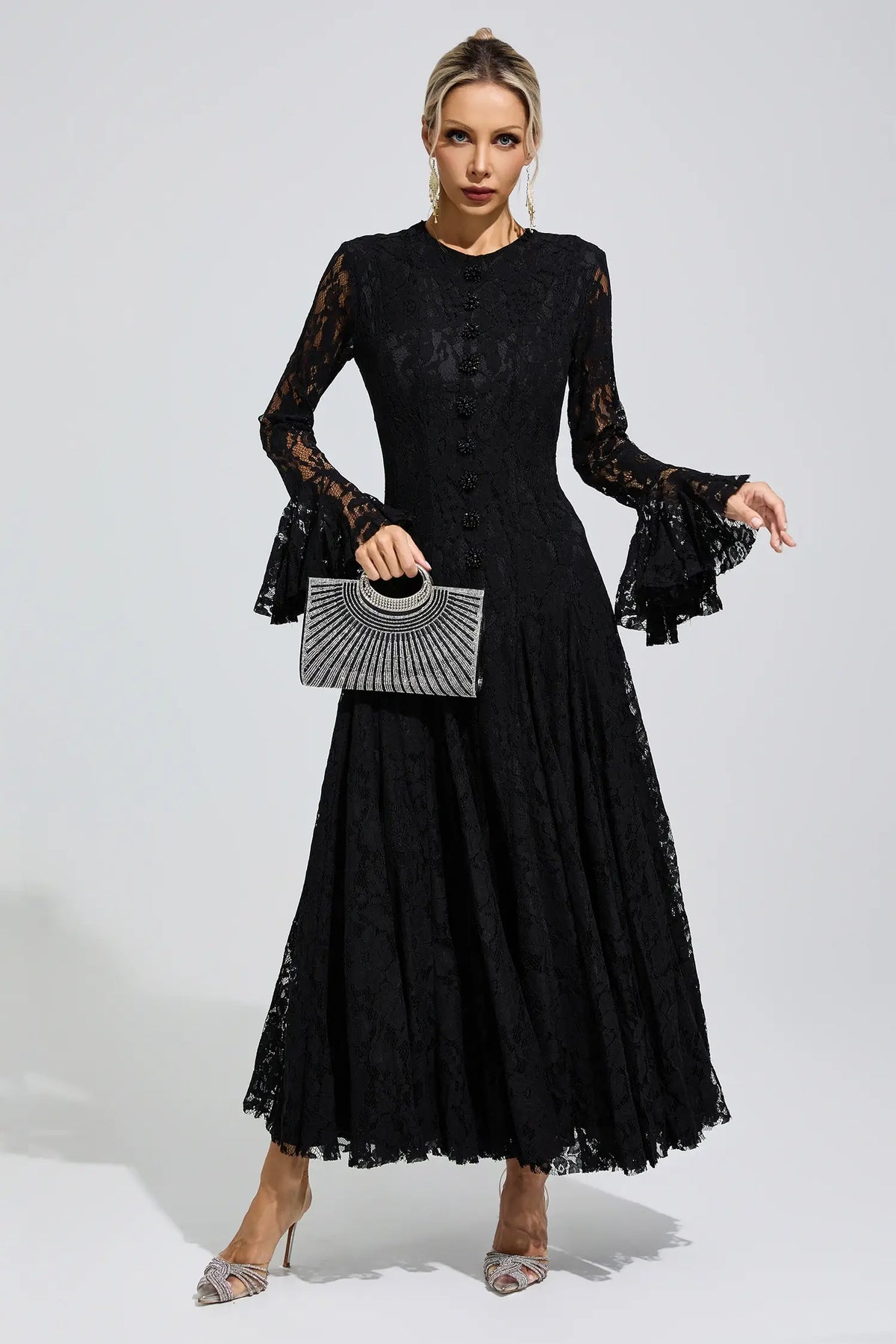Calliope Black Bell Sleeve Lace Maxi Dress