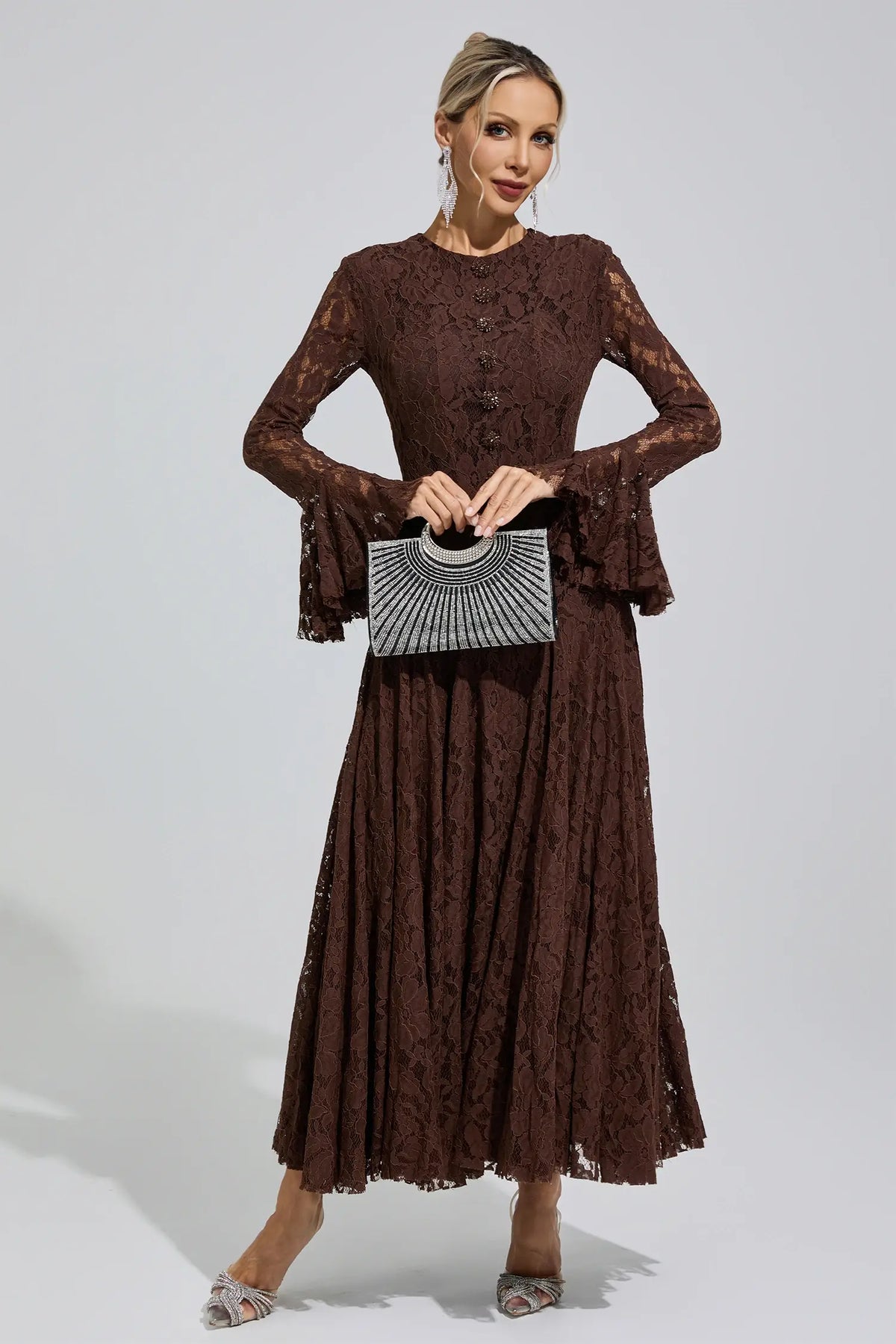 Calliope Brown Bell Sleeve Lace Maxi Dress