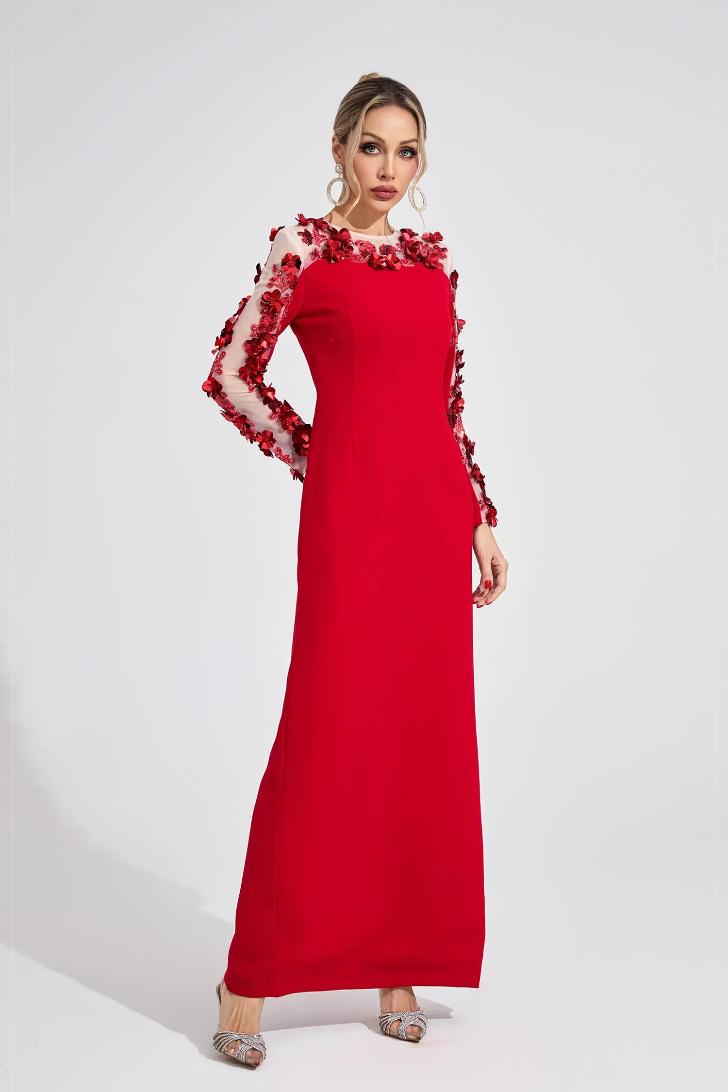 Abigail Red 3D Floral Maxi Dress