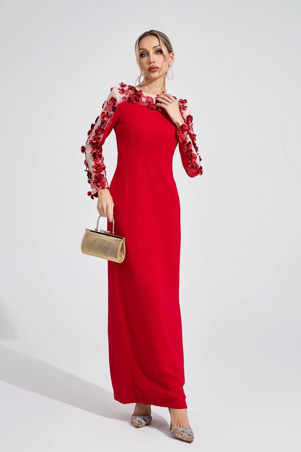 Abigail Red 3D Floral Maxi Dress