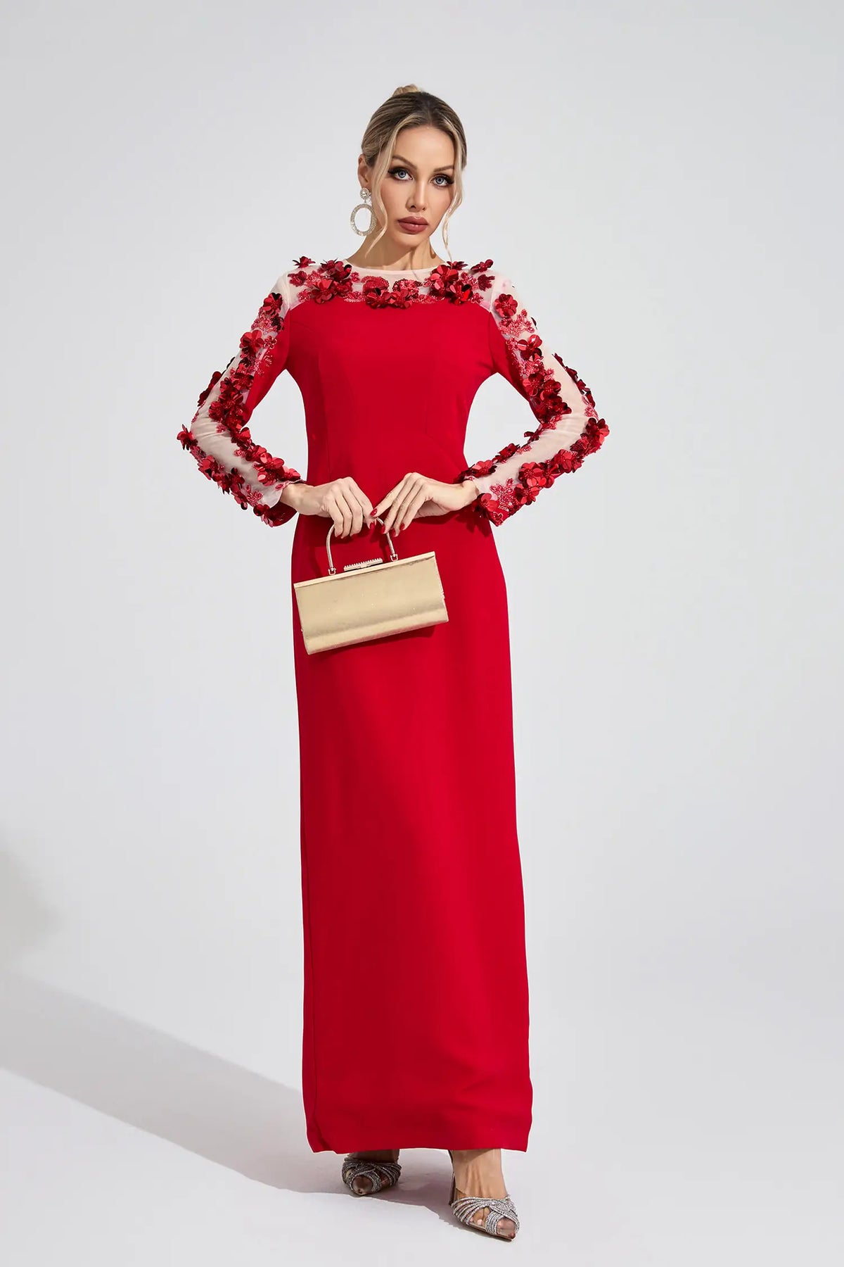 Abigail Red 3D Floral Maxi Dress