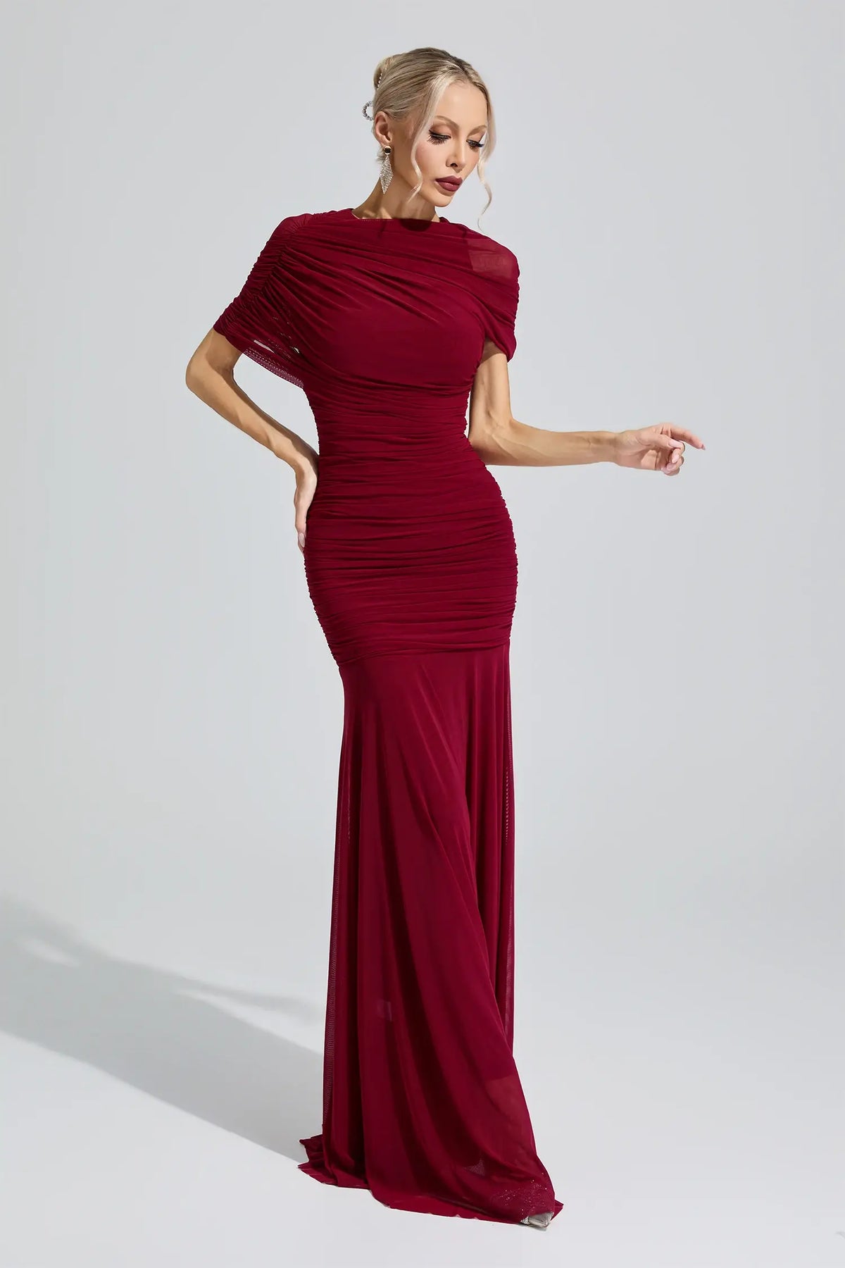 Elsinora Red Slim Fit Ruched Bodycon Maxi Dress