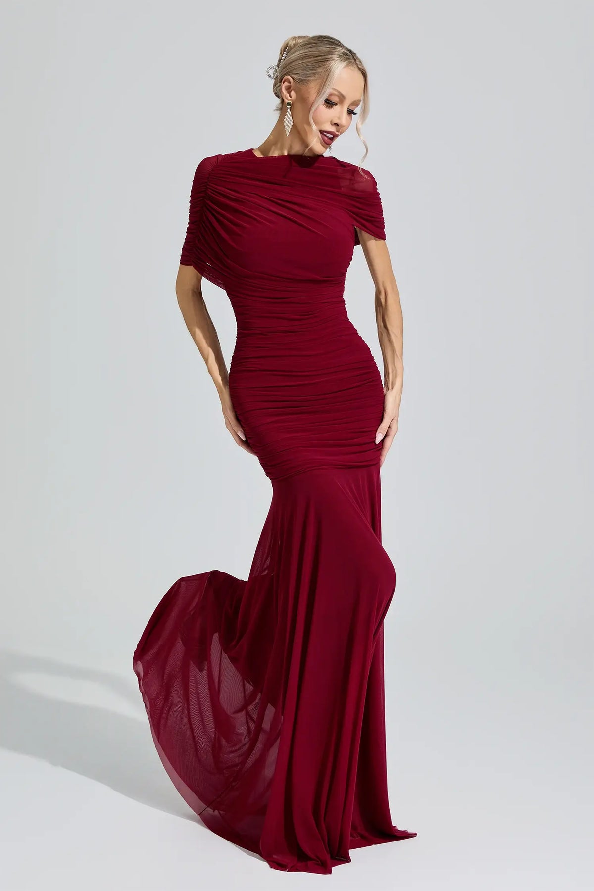 Elsinora Red Slim Fit Ruched Bodycon Maxi Dress