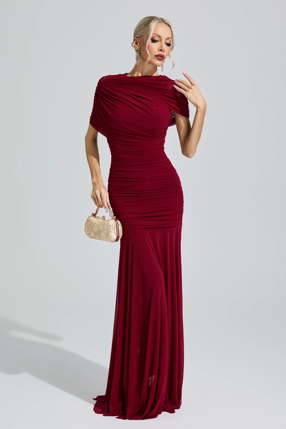 Elsinora Red Slim Fit Ruched Bodycon Maxi Dress