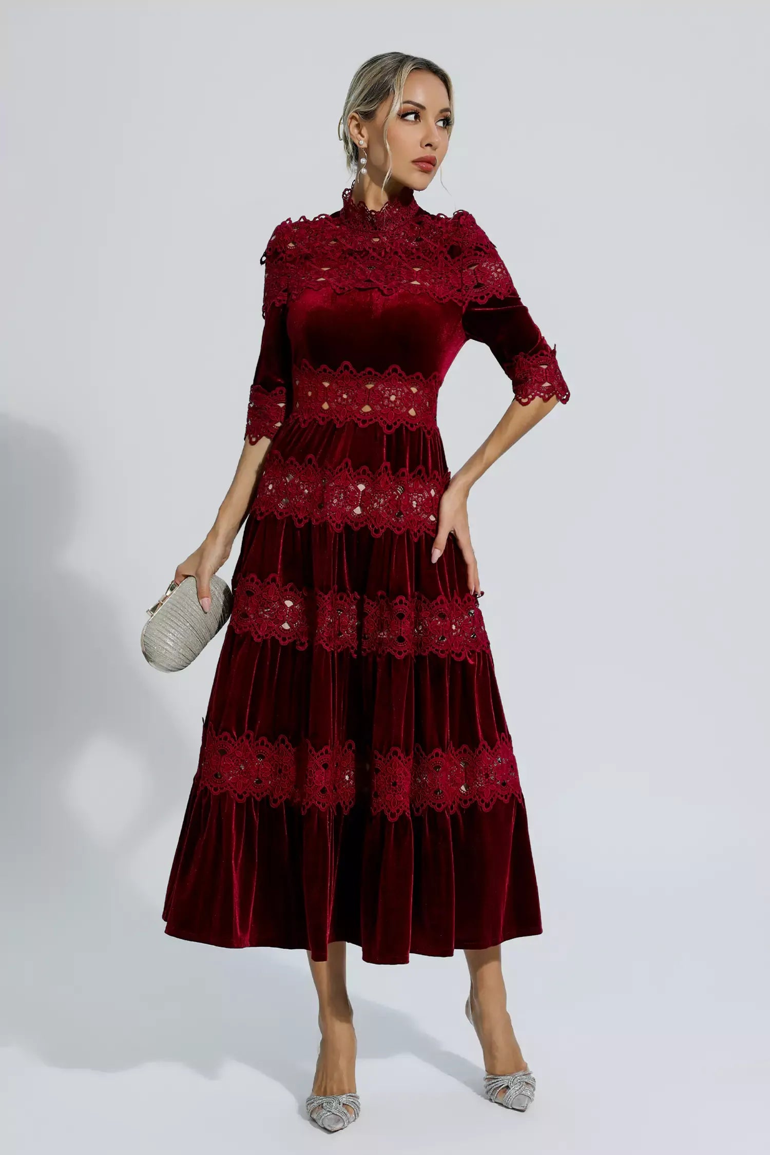 fitted lace wedding dress Henley Wine Red Cut Out Long Sleeve Maxi Dress
