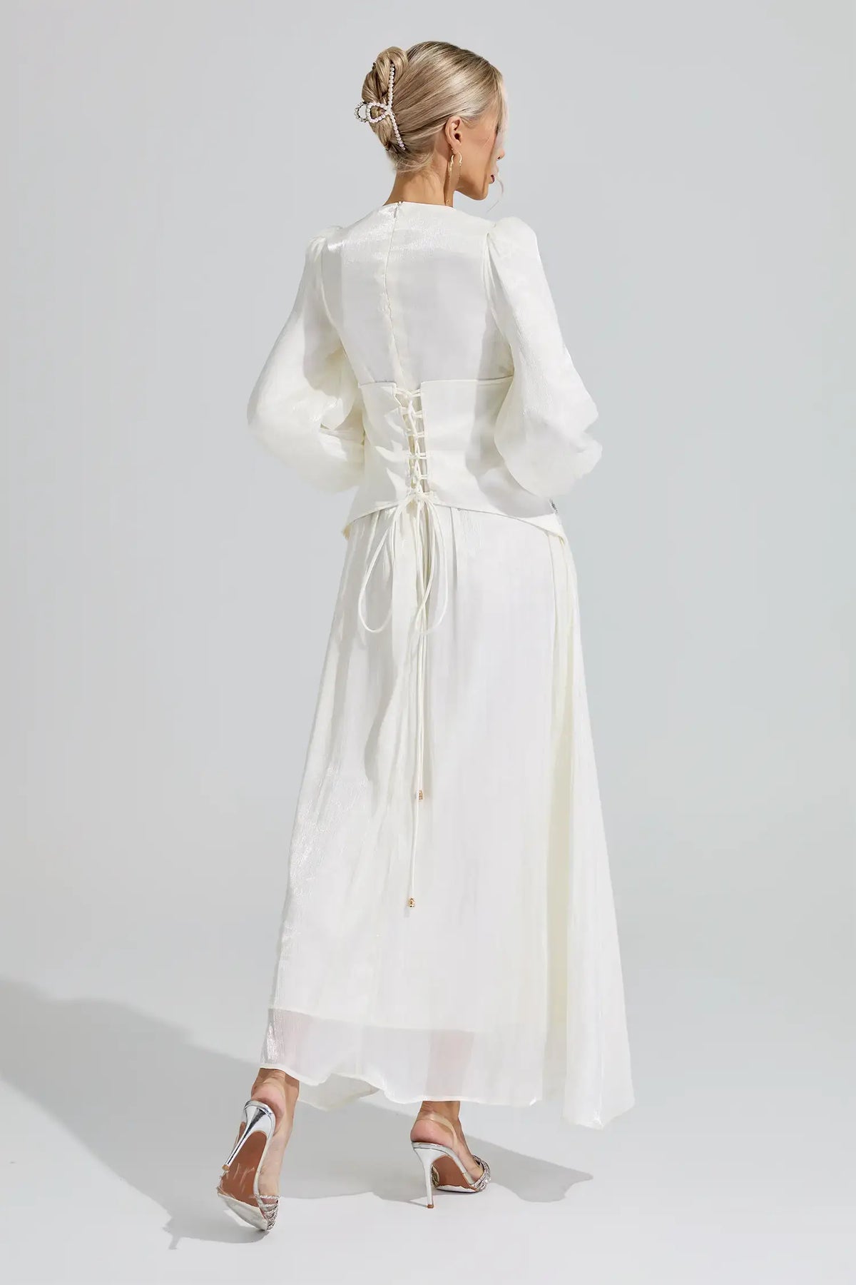 Leocadia White Ruched Waist Maxi Dress