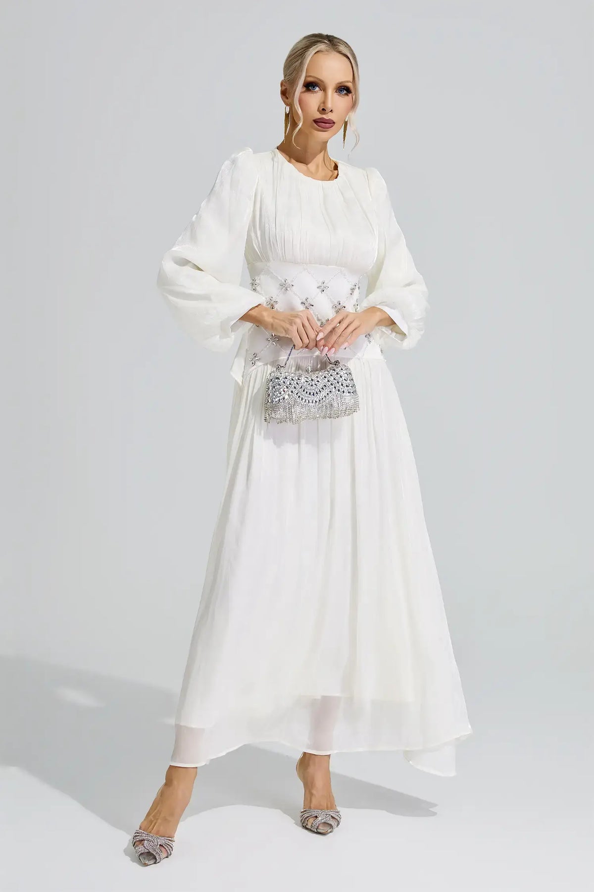 Leocadia White Ruched Waist Maxi Dress