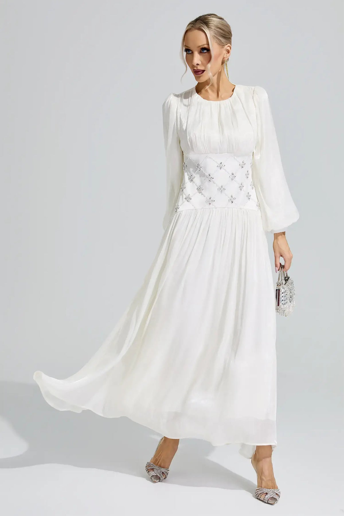 Leocadia White Ruched Waist Maxi Dress