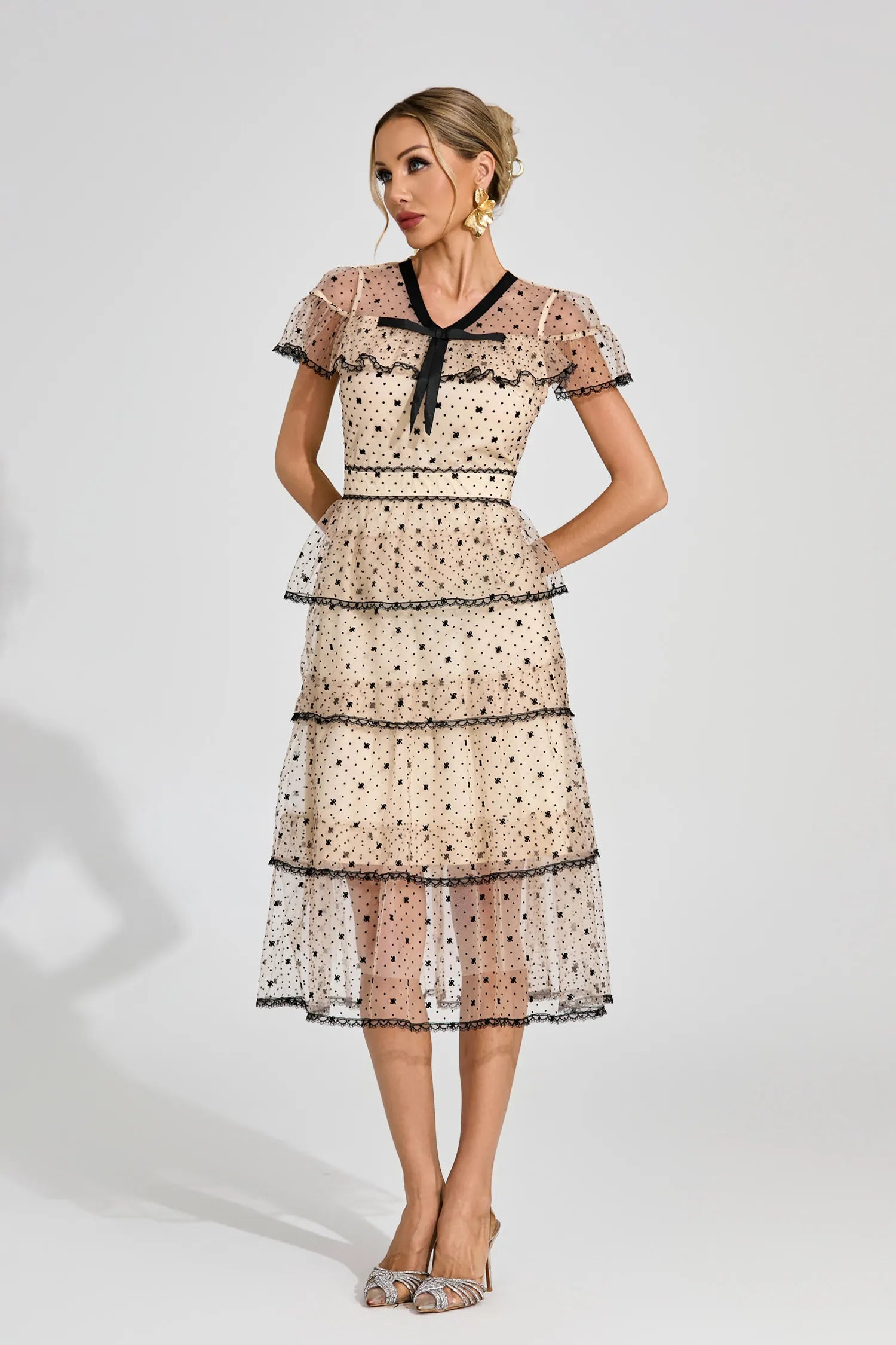 Phoebe Apricot Polka Dot Tulle Midi Dress