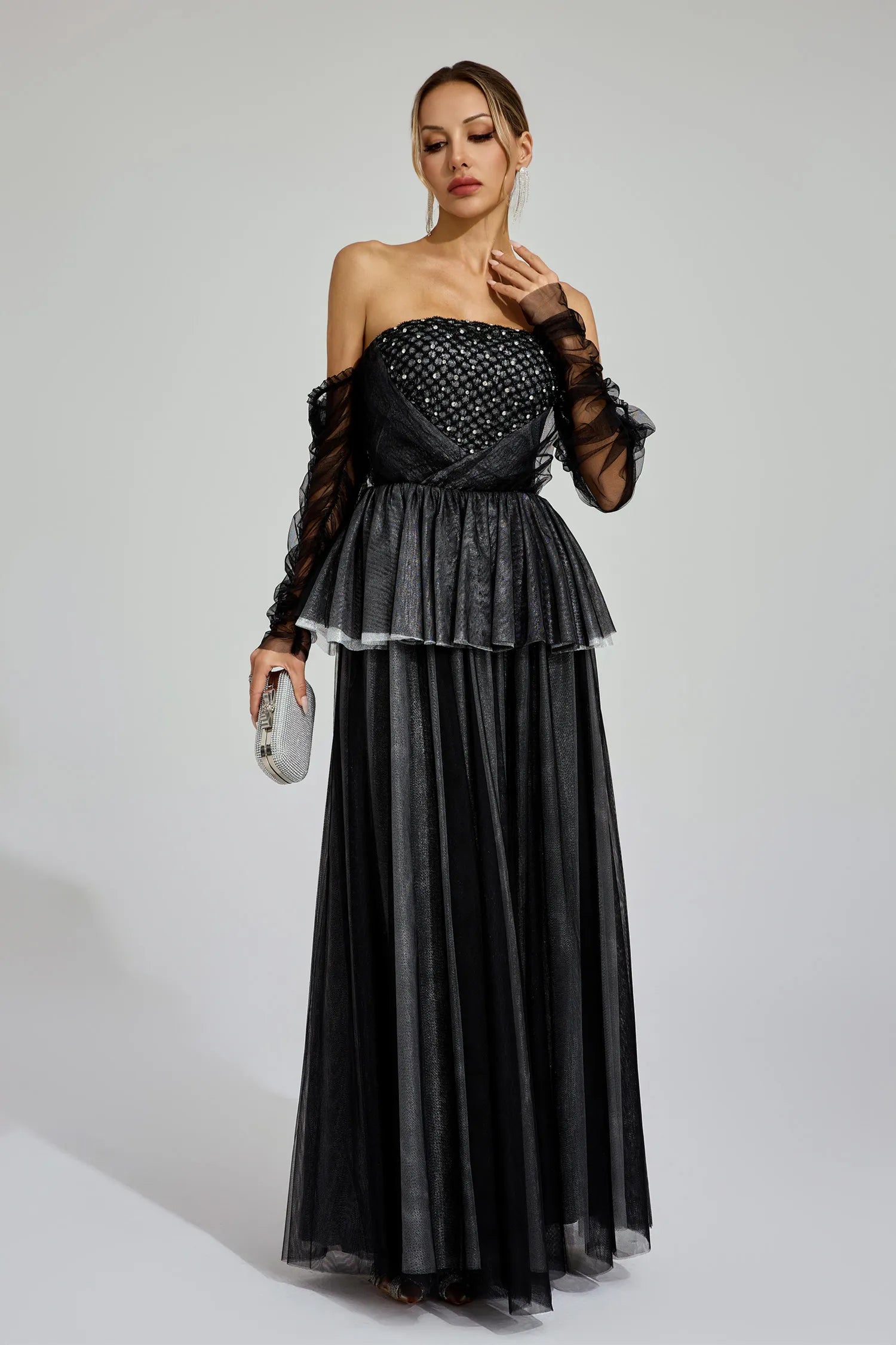Wilna Black Mesh Off Shoulder Maxi Dress