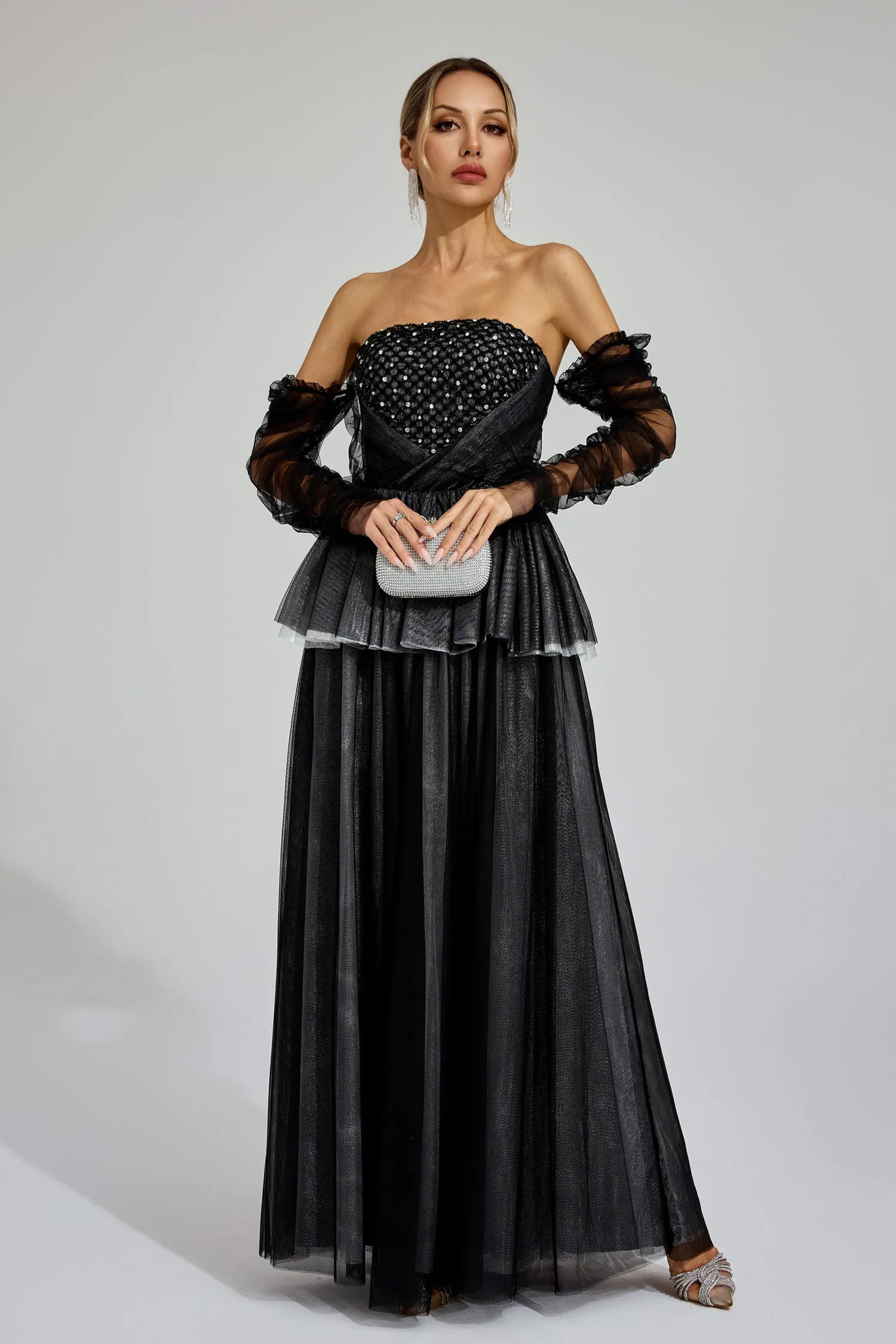 Wilna Black Mesh Off Shoulder Maxi Dress