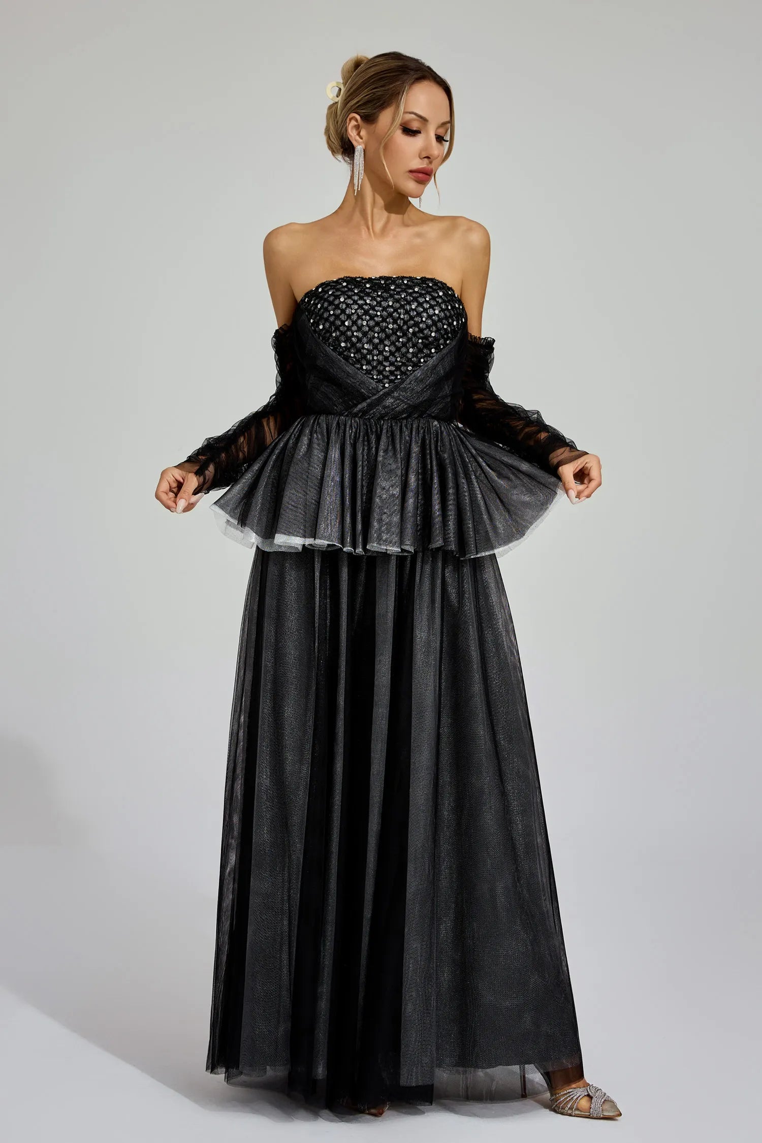 Wilna Black Mesh Off Shoulder Maxi Dress