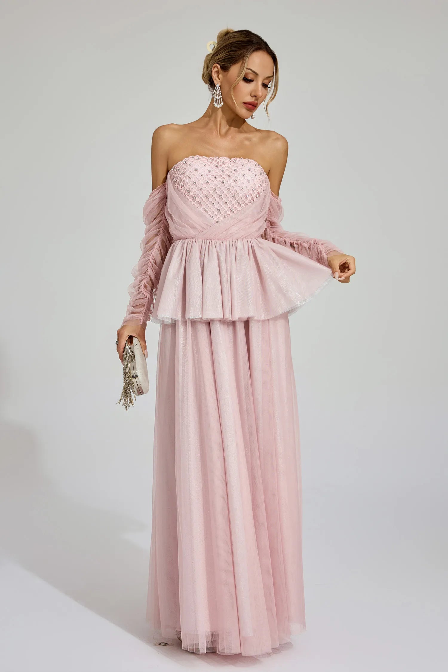 Wilna Pink Mesh Off Shoulder Maxi Dress