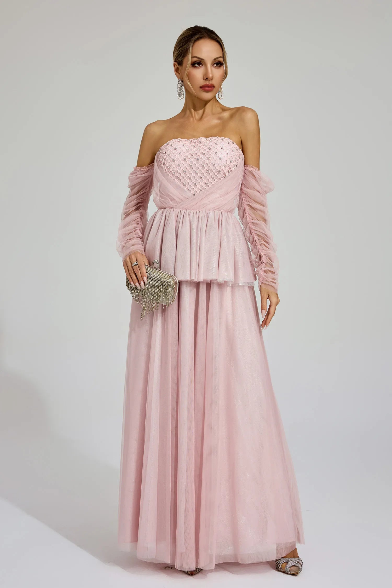 Wilna Pink Mesh Off Shoulder Maxi Dress