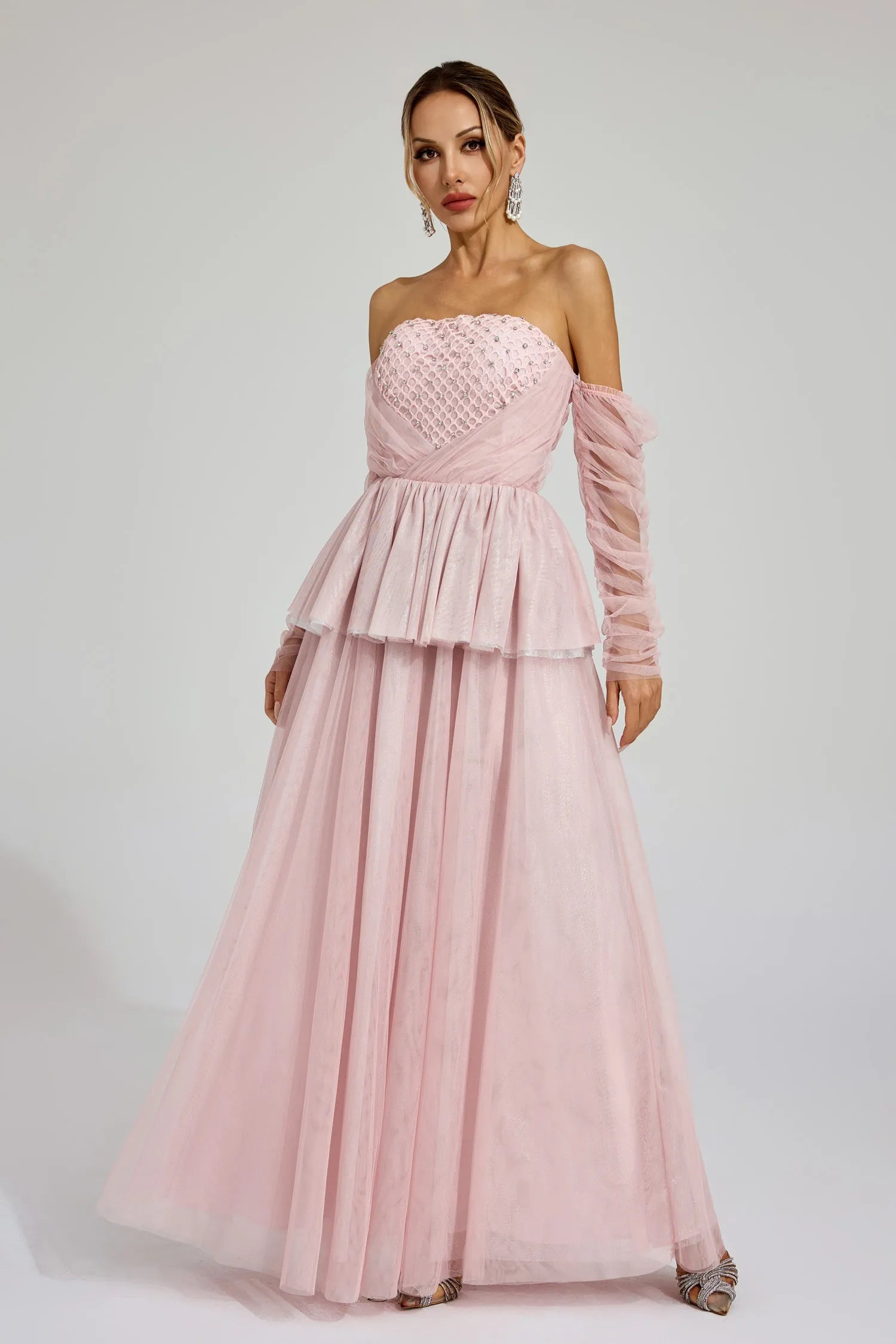 Wilna Pink Mesh Off Shoulder Maxi Dress