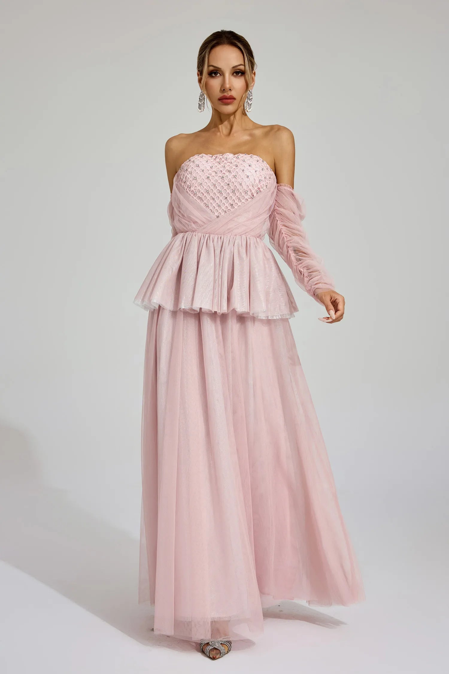Wilna Pink Mesh Off Shoulder Maxi Dress