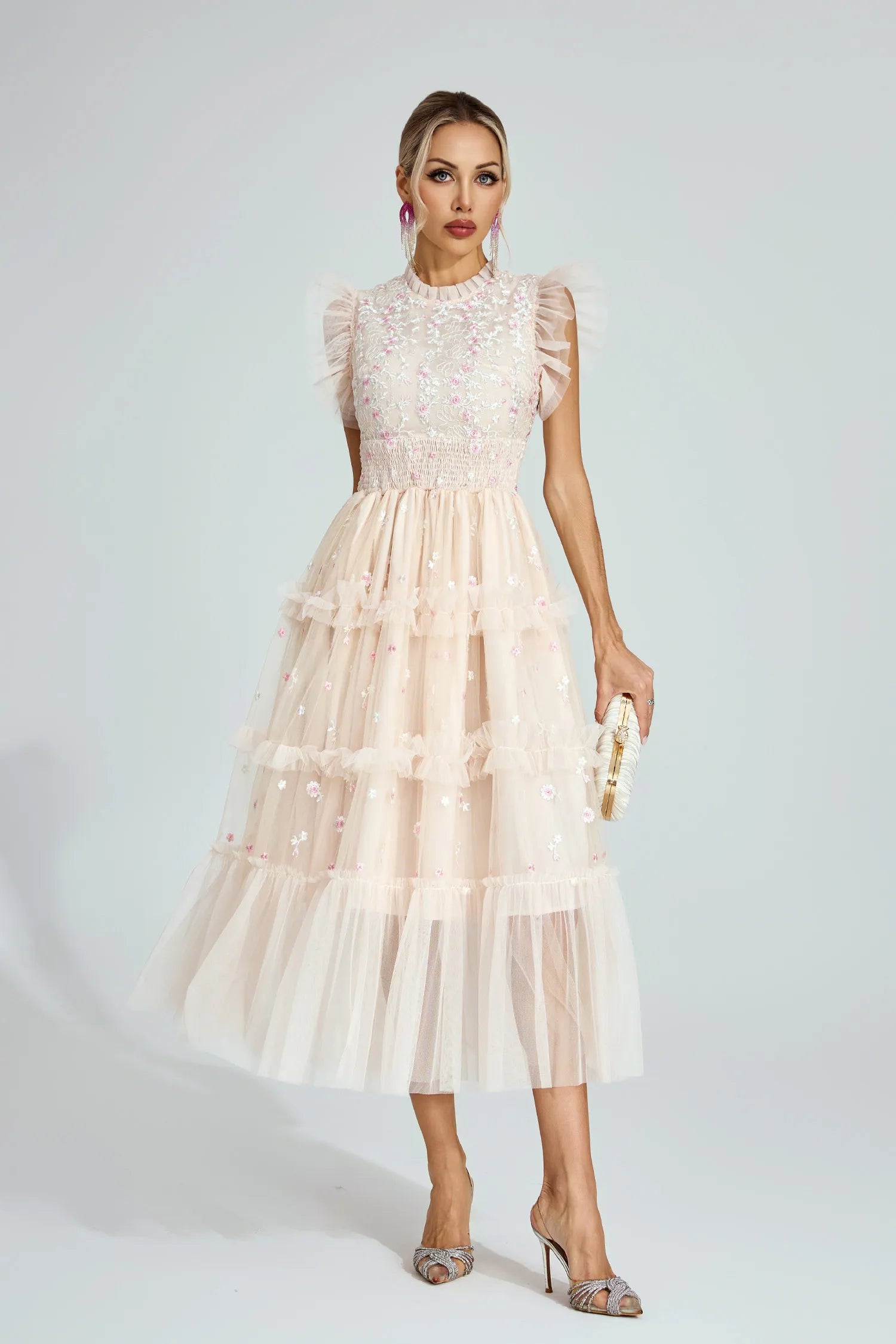 Shirley Apricot Embroidered Tulle Maxi Dress