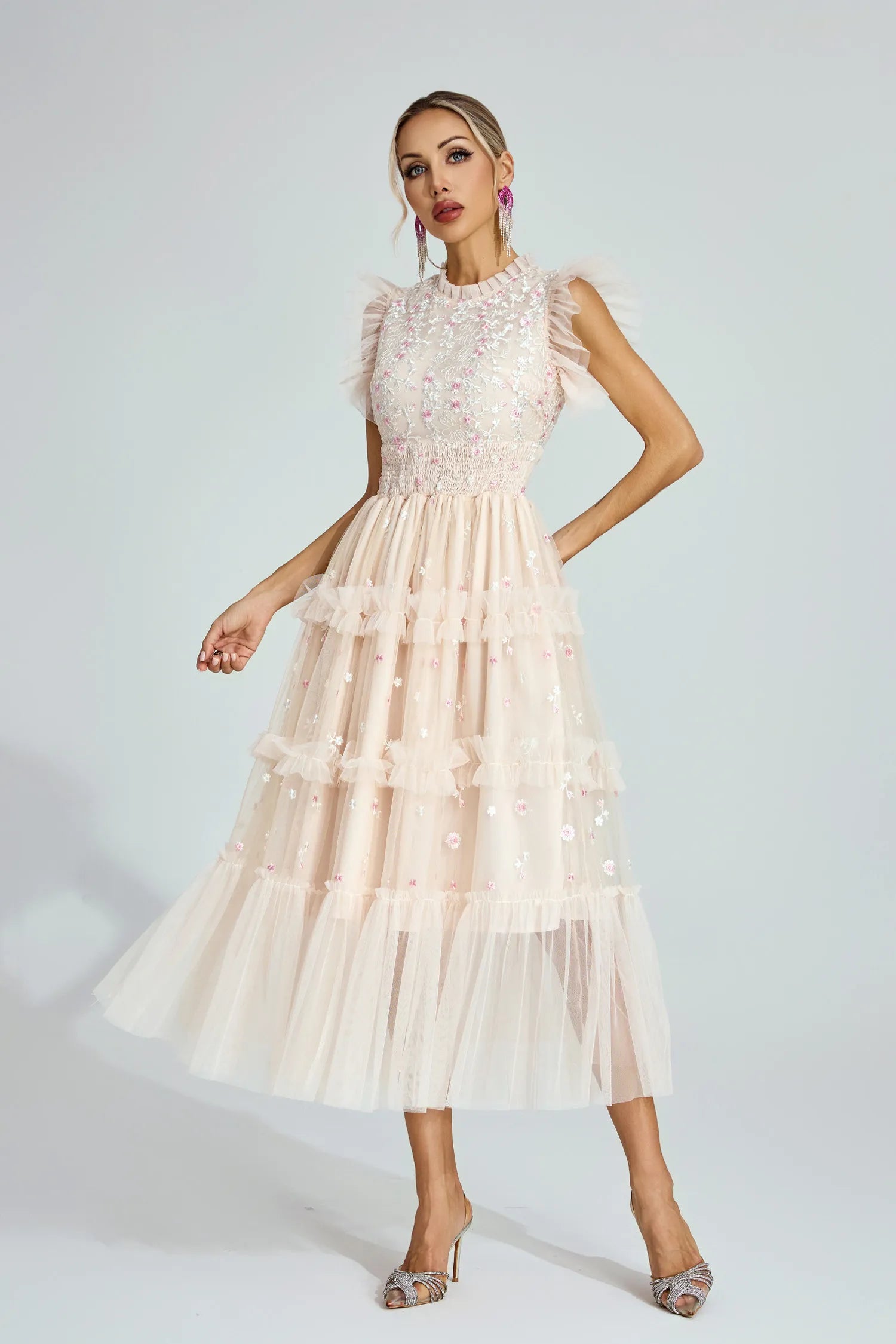 Shirley Apricot Embroidered Tulle Maxi Dress