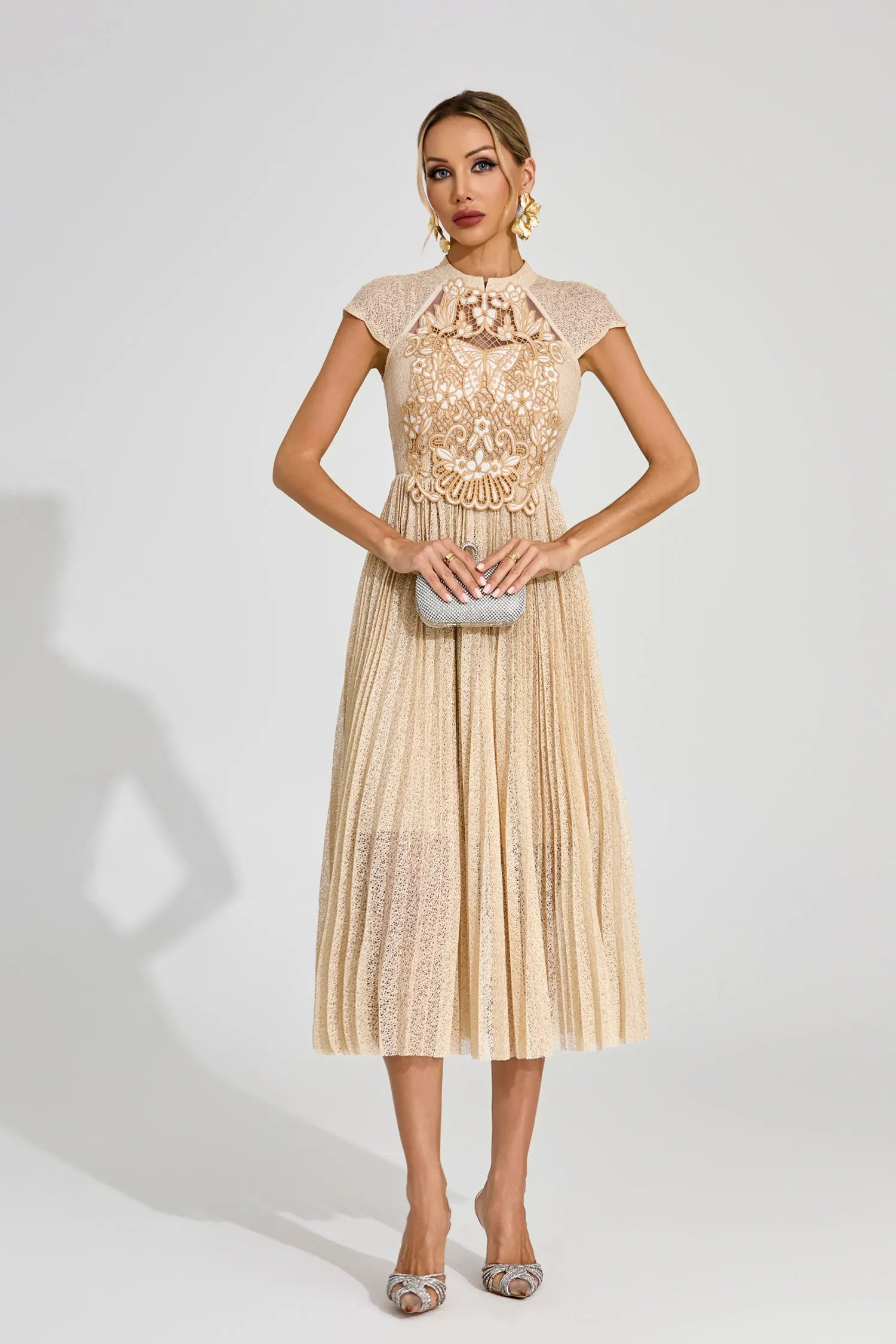Alice Apricot Lace Embroidered Midi Dress