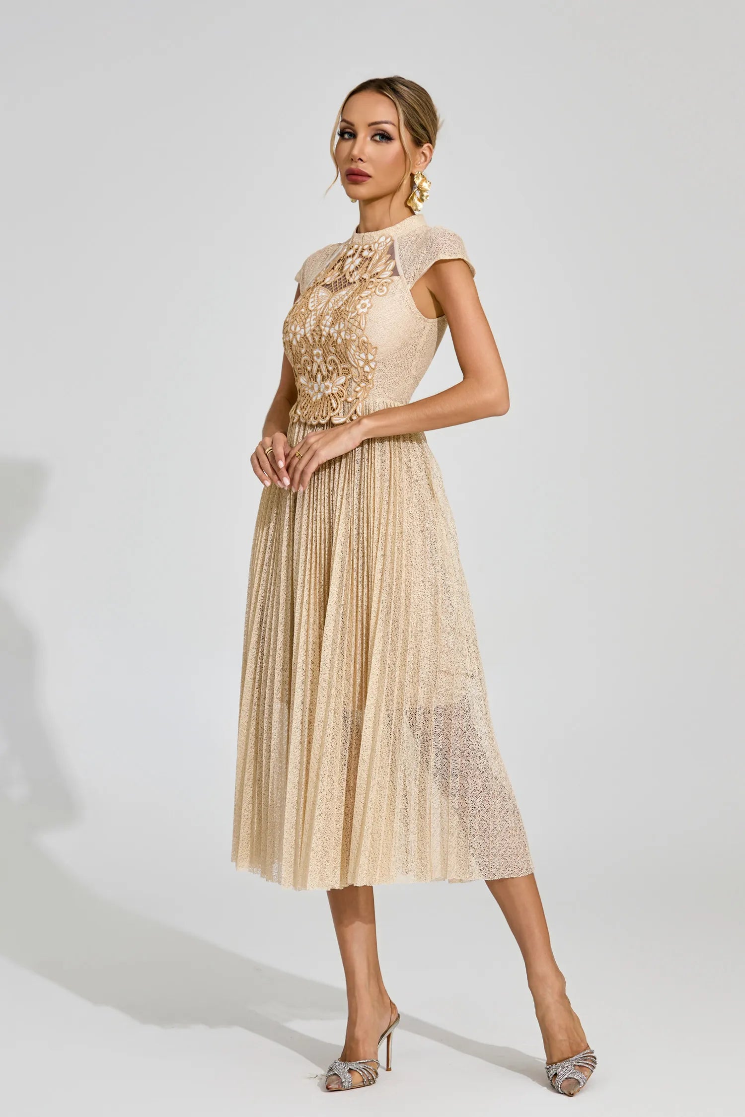 Alice Apricot Lace Embroidered Midi Dress