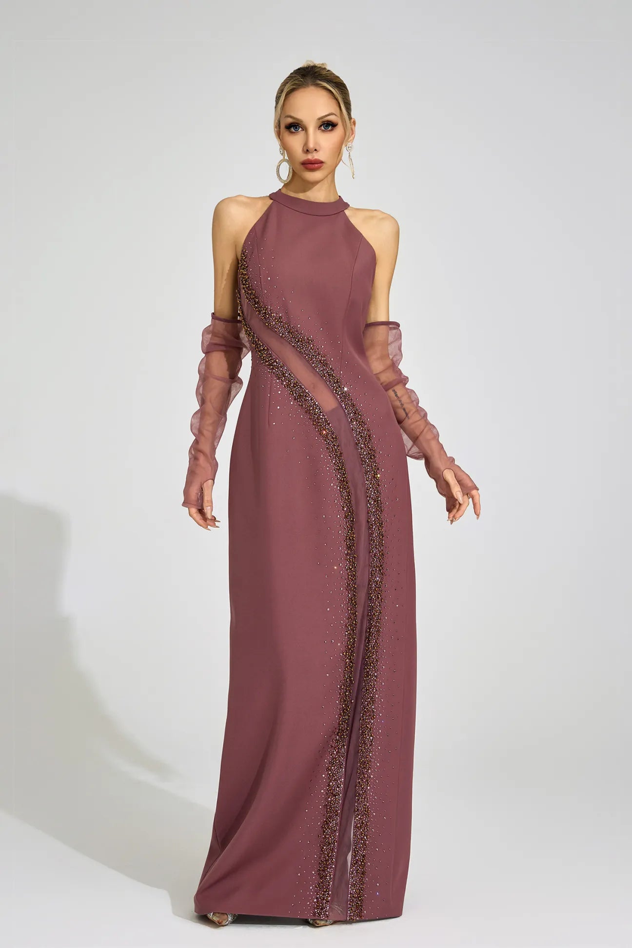 Nuvia Brown High Neck Maxi Dress