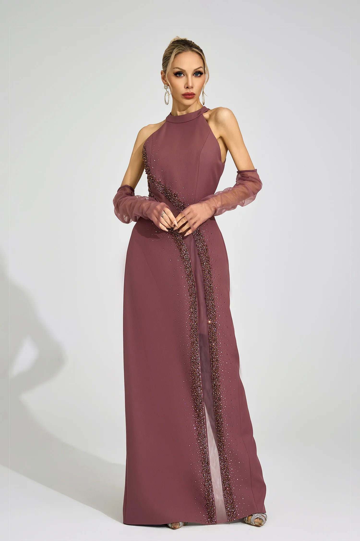 Nuvia Brown High Neck Maxi Dress