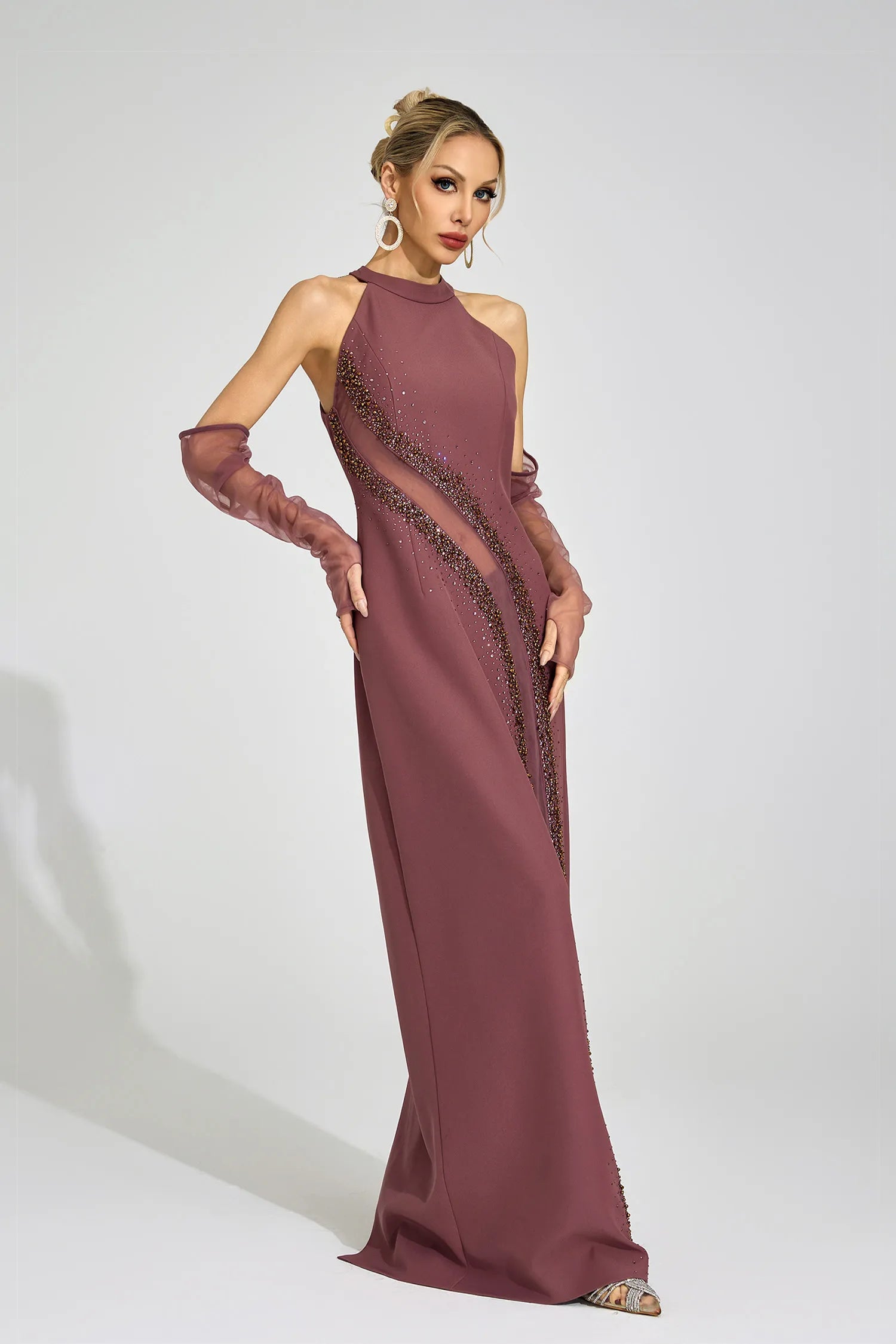 Nuvia Brown High Neck Maxi Dress
