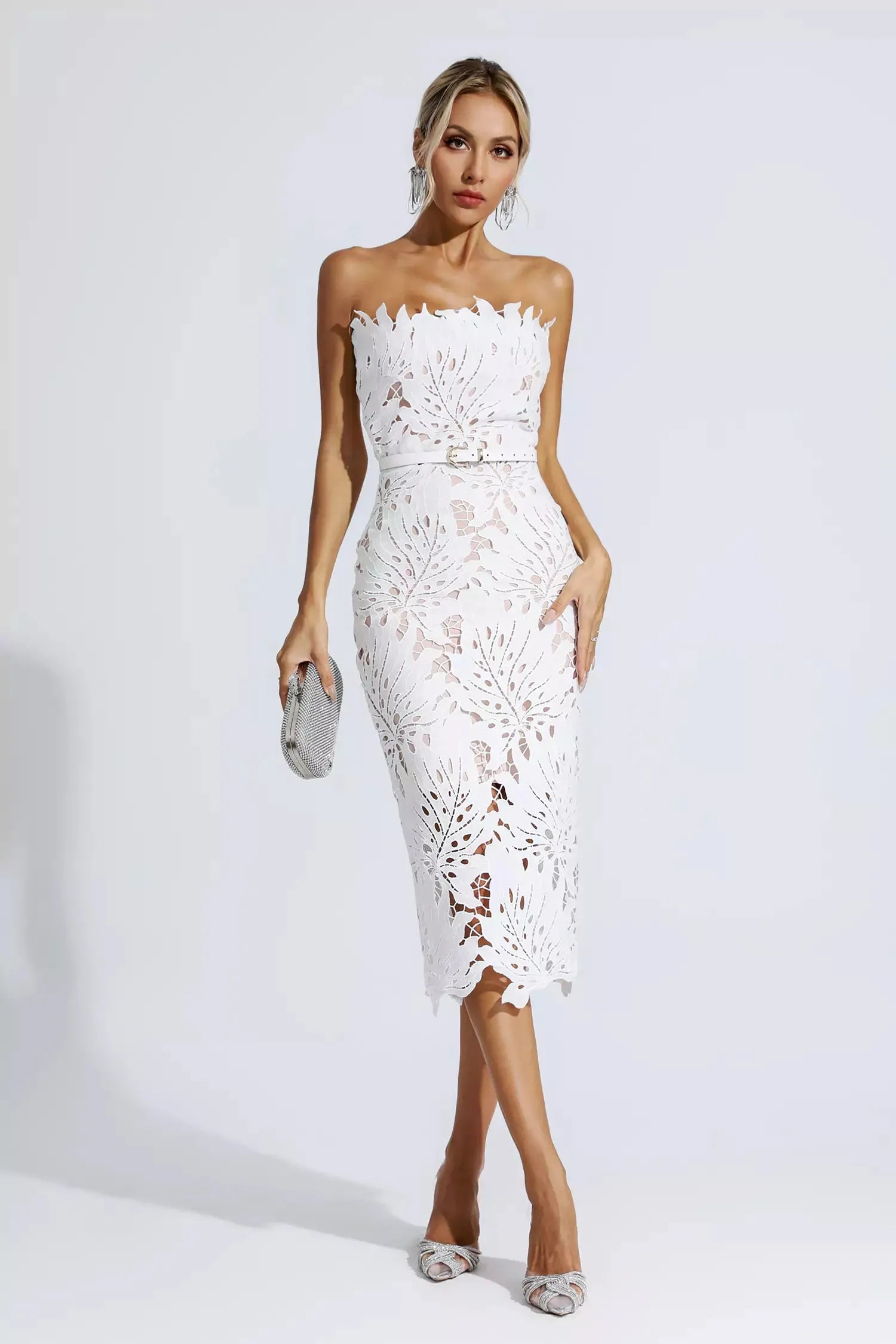 fitted lace wedding dress Dori Floral Embellished Midi Dress White– Selfie Leslie