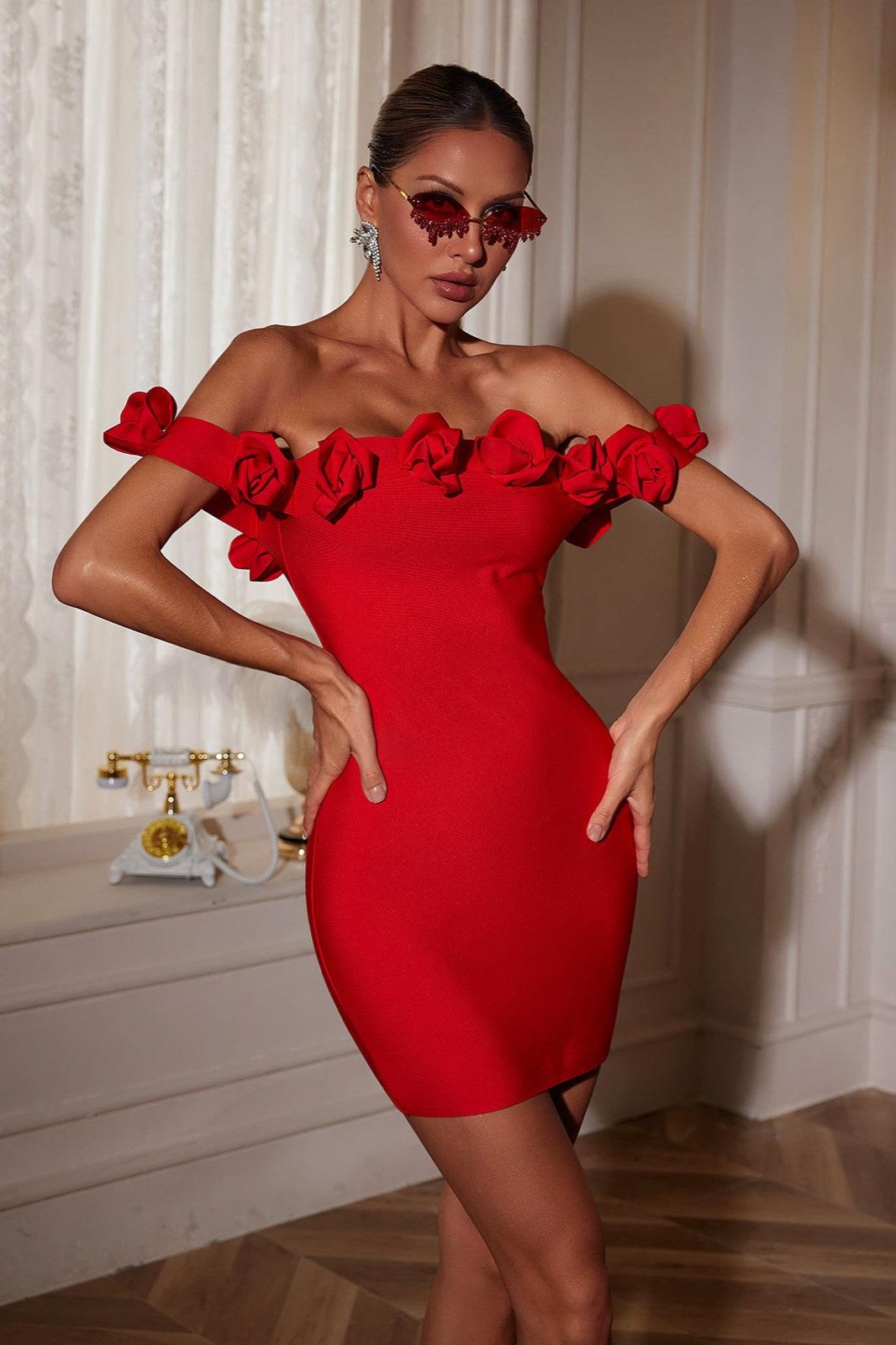 Jester Off Shoulder Flower Bandage Dress - Mew Mews