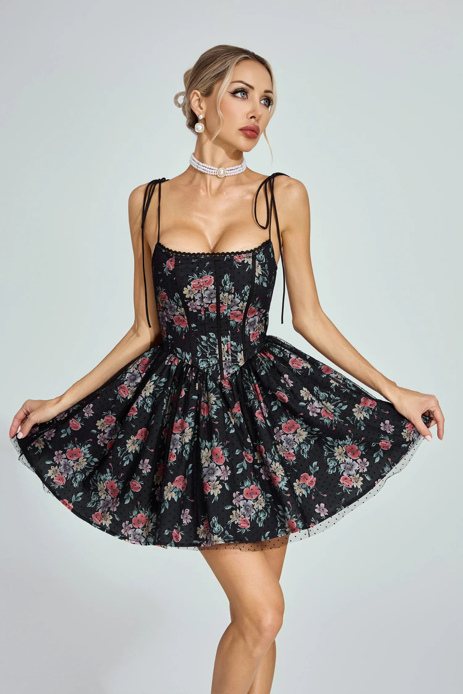 Marjolein Black Floral Tulle Mini Dress