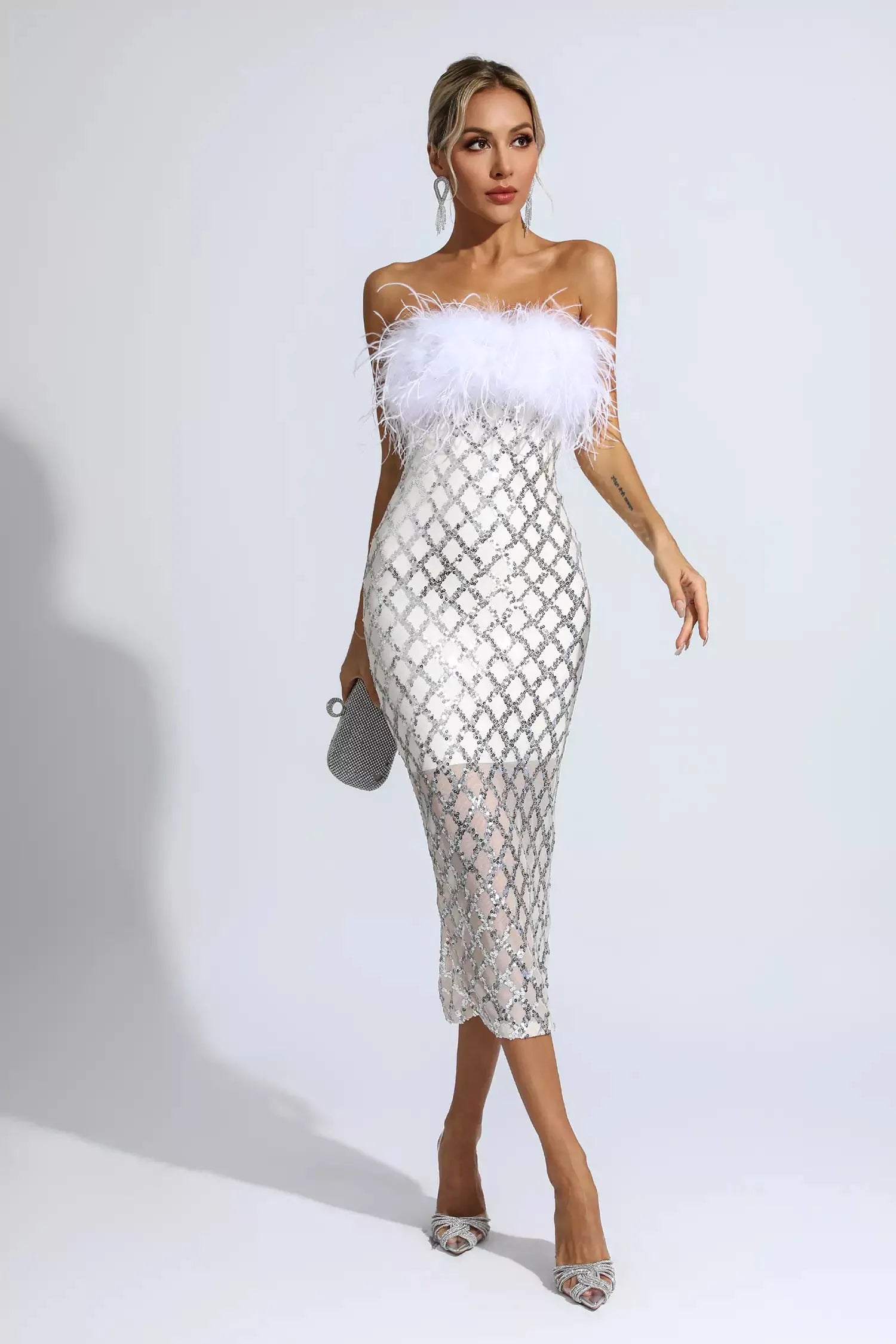 Kayleigh White Feather Sequin Midi Dress - Main Image