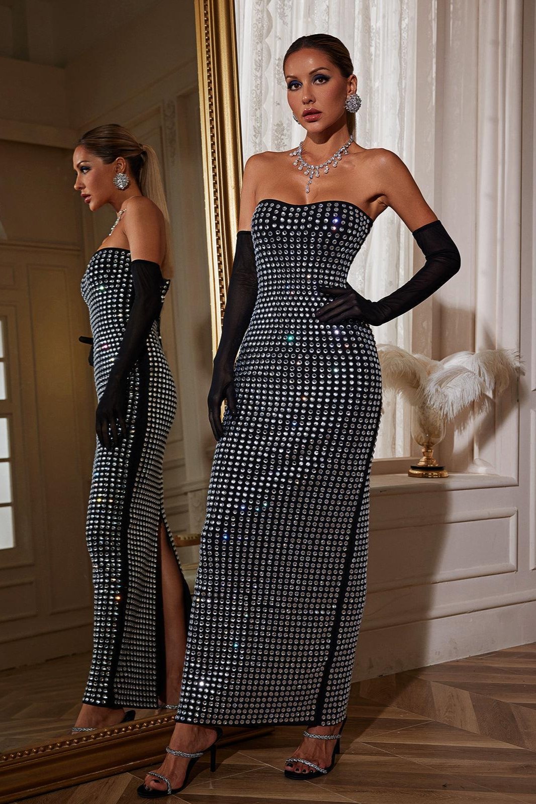 Khy Rhinestone Bandage Maxi Dress With Gloves - Mew Mews