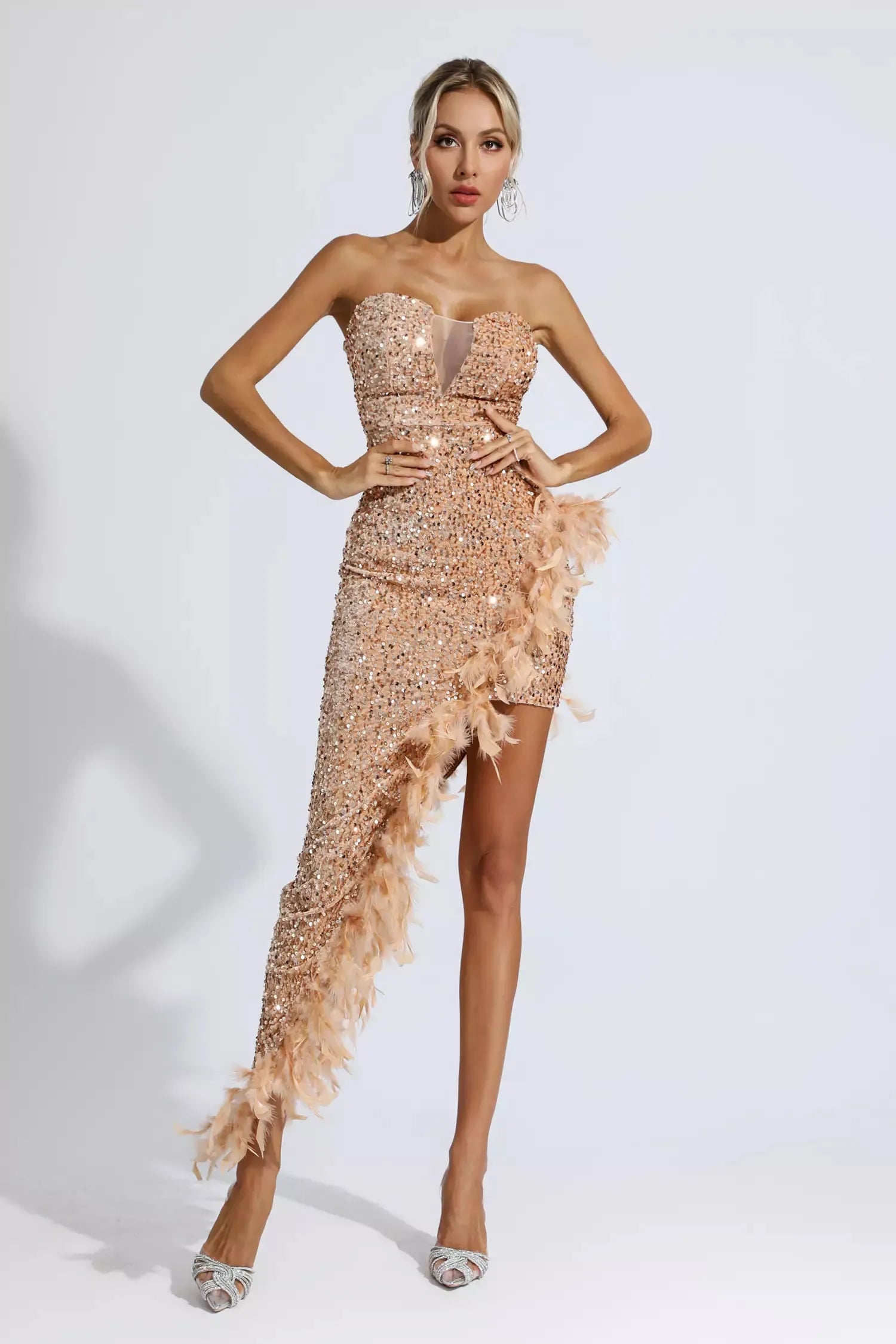 Kira Champagne Sequin Feather Maxi Dress Kira Champagne Sequin Feather Maxi Dress