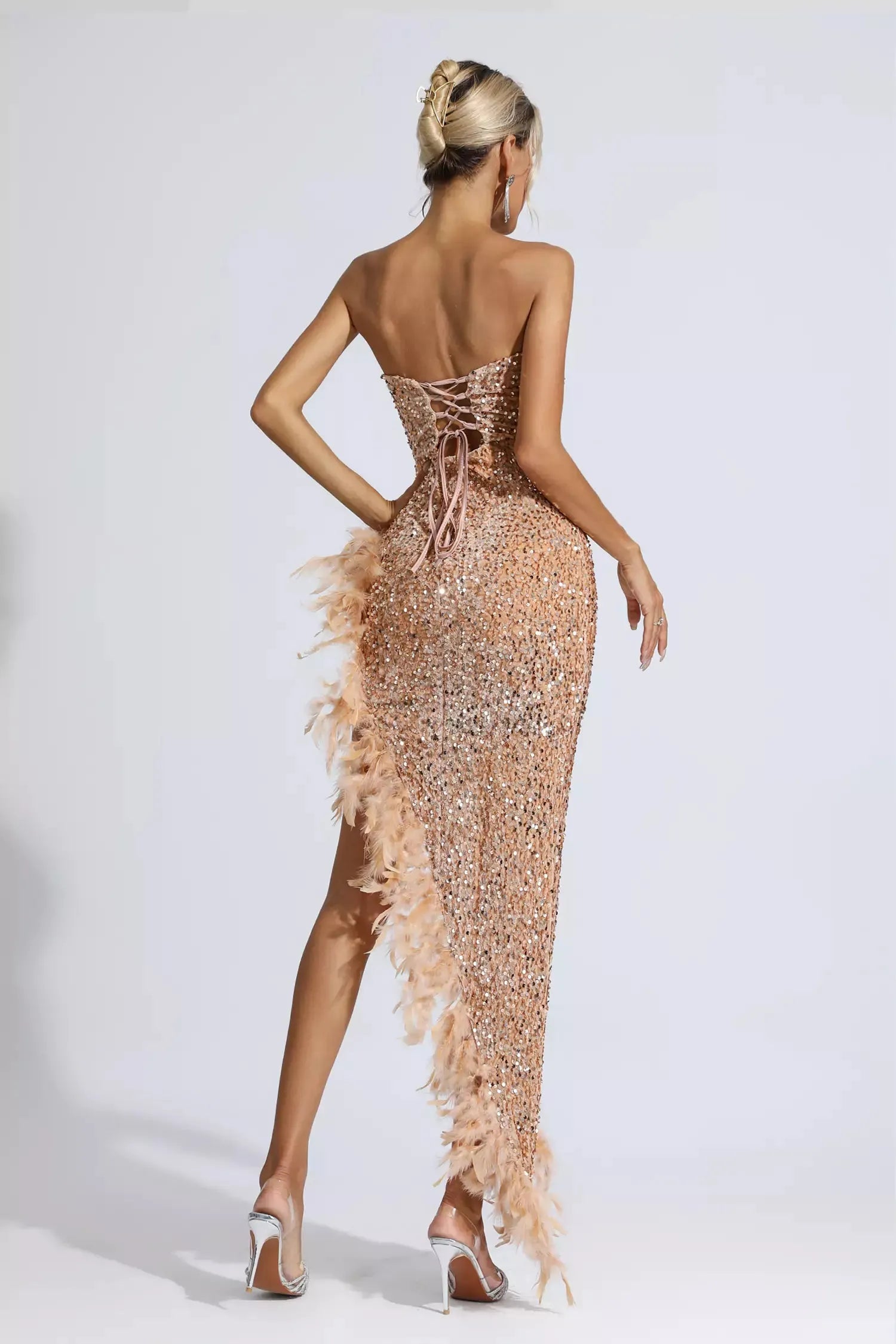 Kira Champagne Sequin Feather Maxi Dress