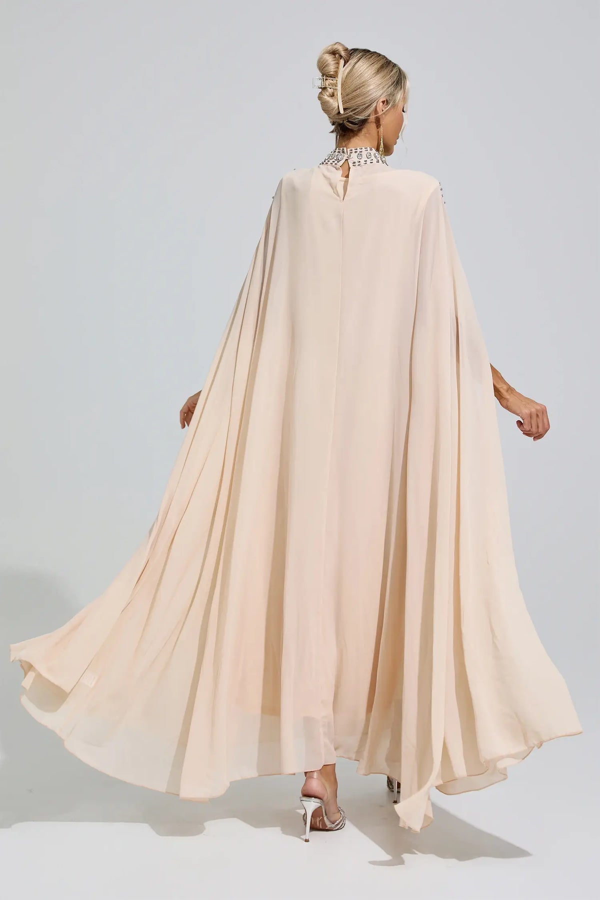 Odette Beige Rhinestone Hooded Maxi Dress