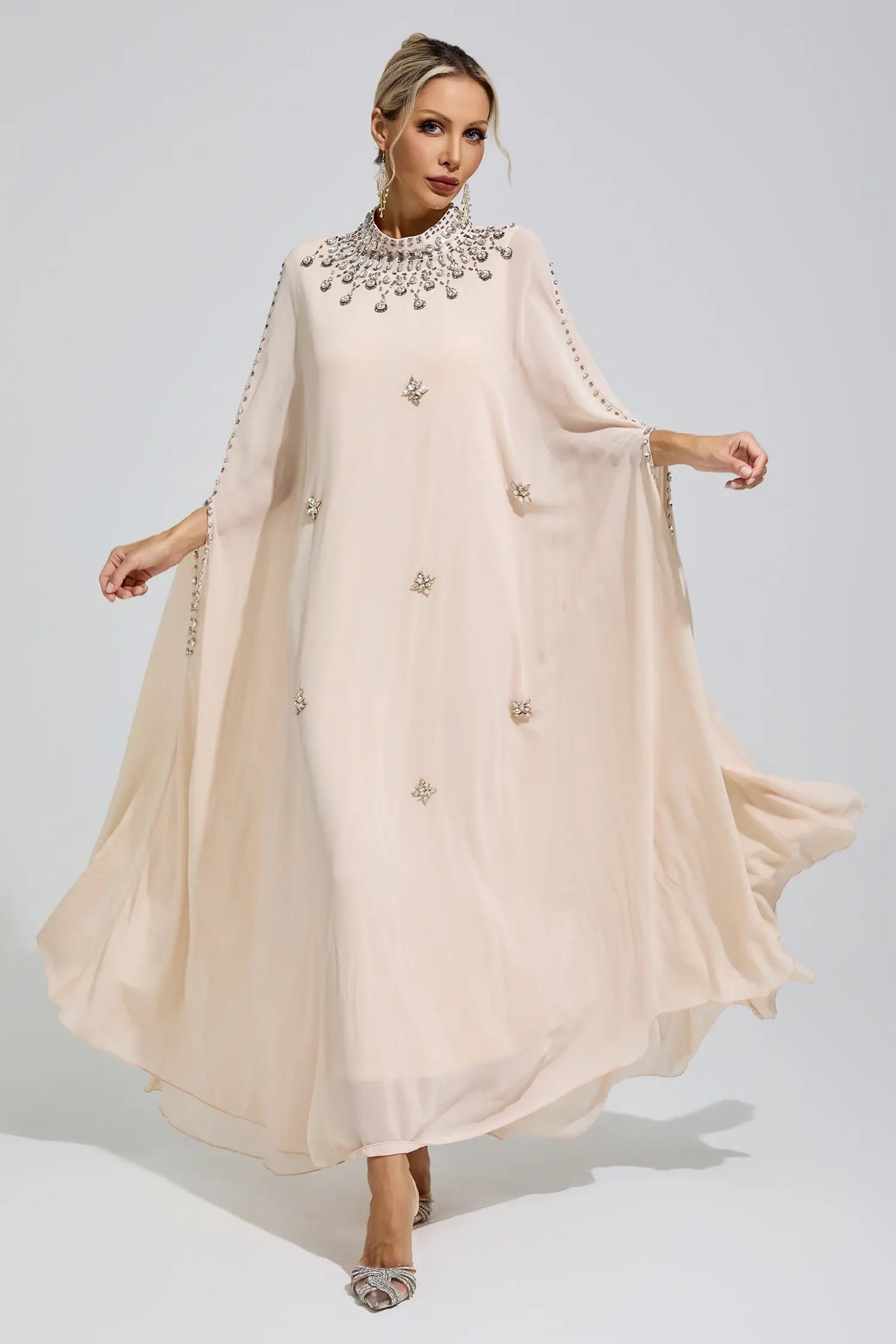 Odette Beige Rhinestone Hooded Maxi Dress
