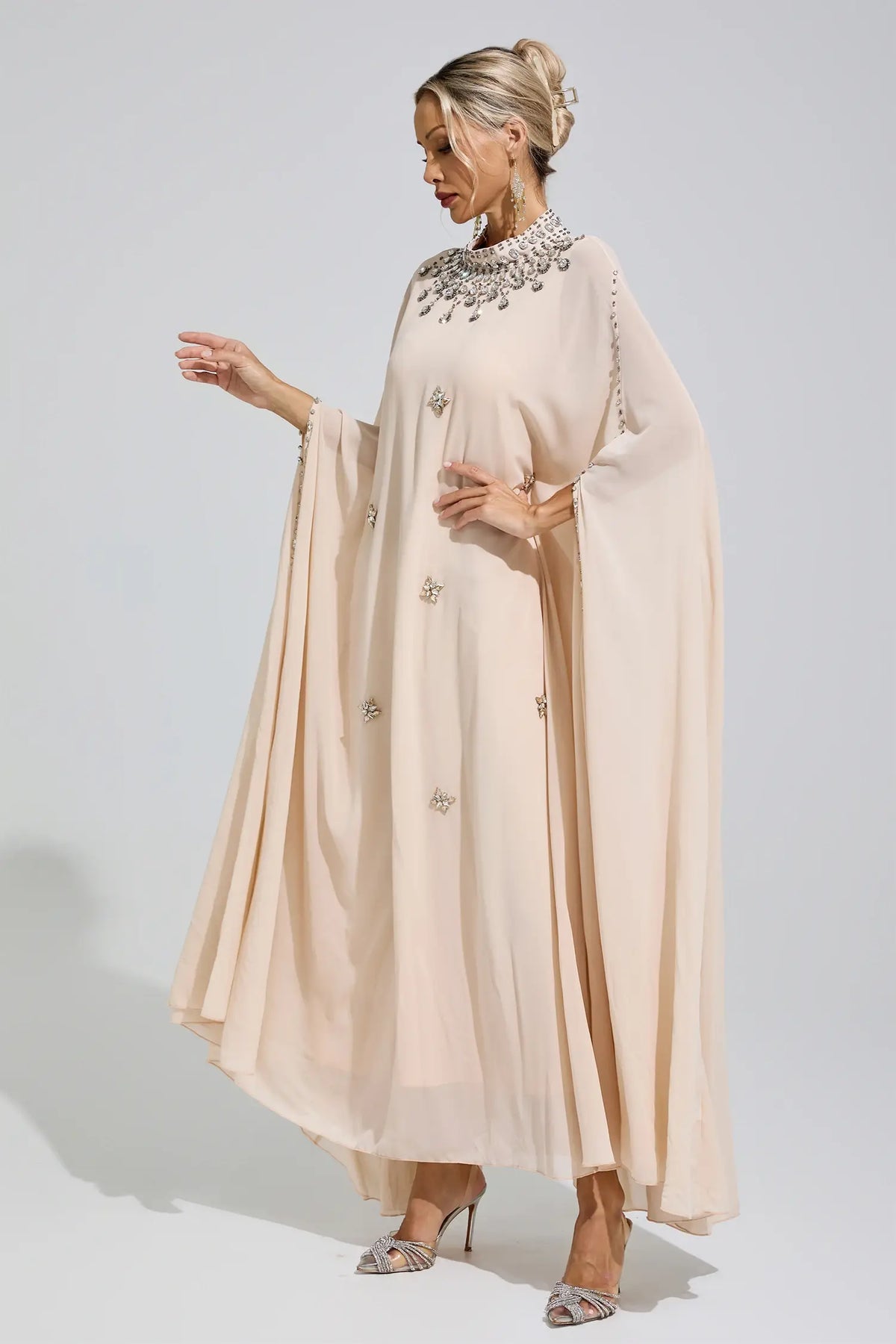 Odette Beige Rhinestone Hooded Maxi Dress