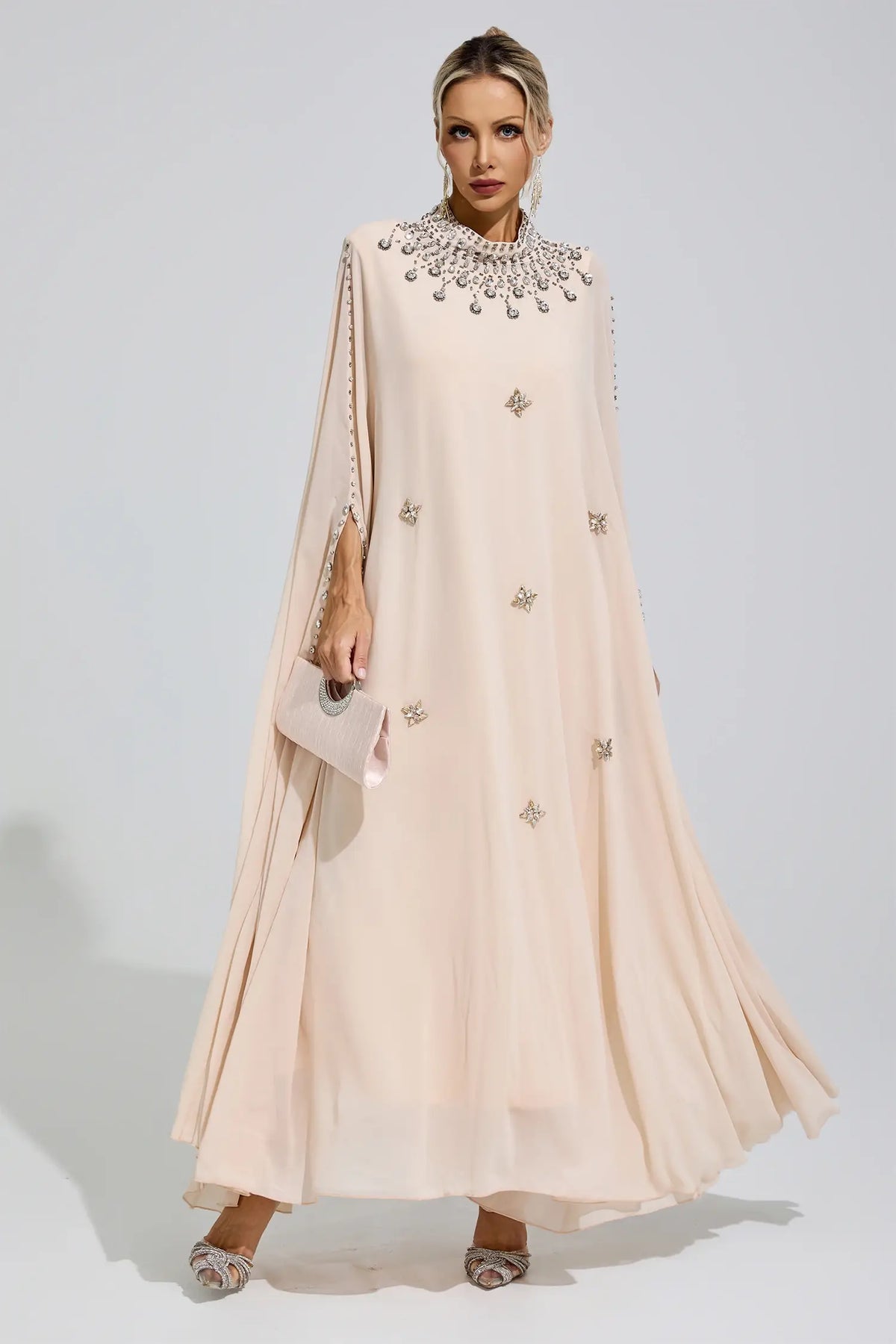 Odette Beige Rhinestone Hooded Maxi Dress