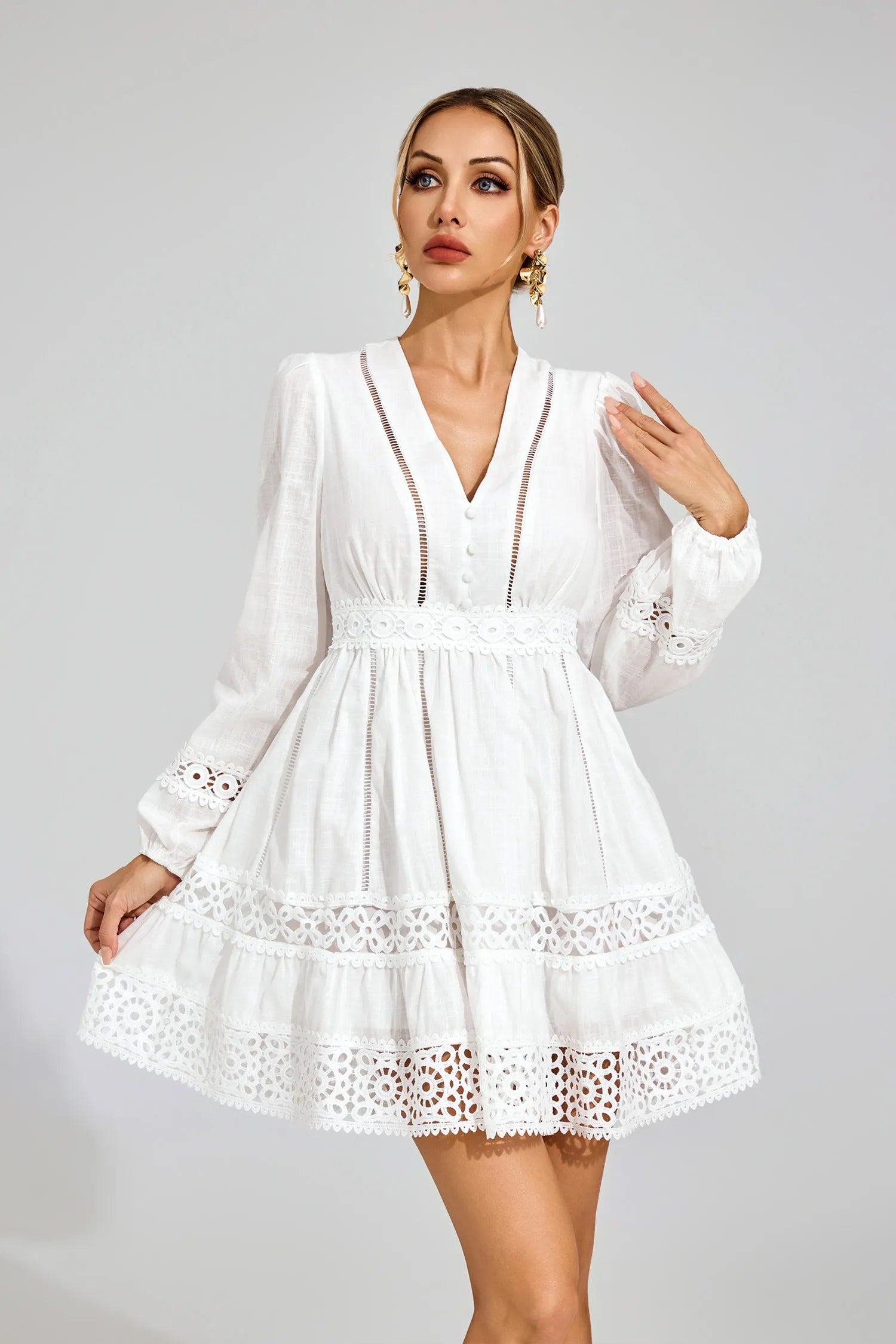 Leanne White Cut Out Long Sleeve Mini Dress