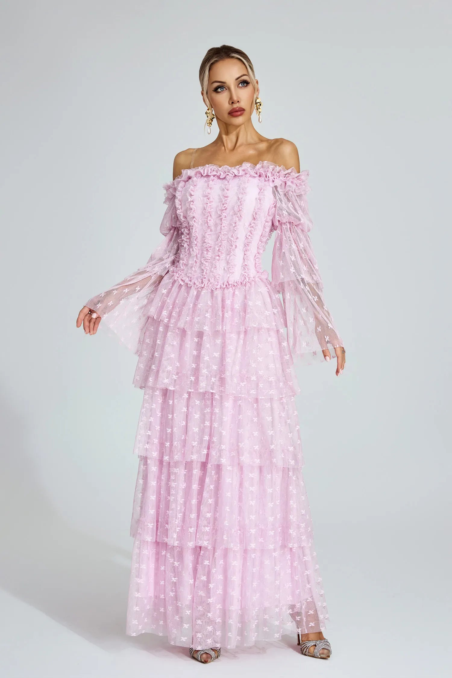 Morgan Pink Mesh Tiered Maxi Dress