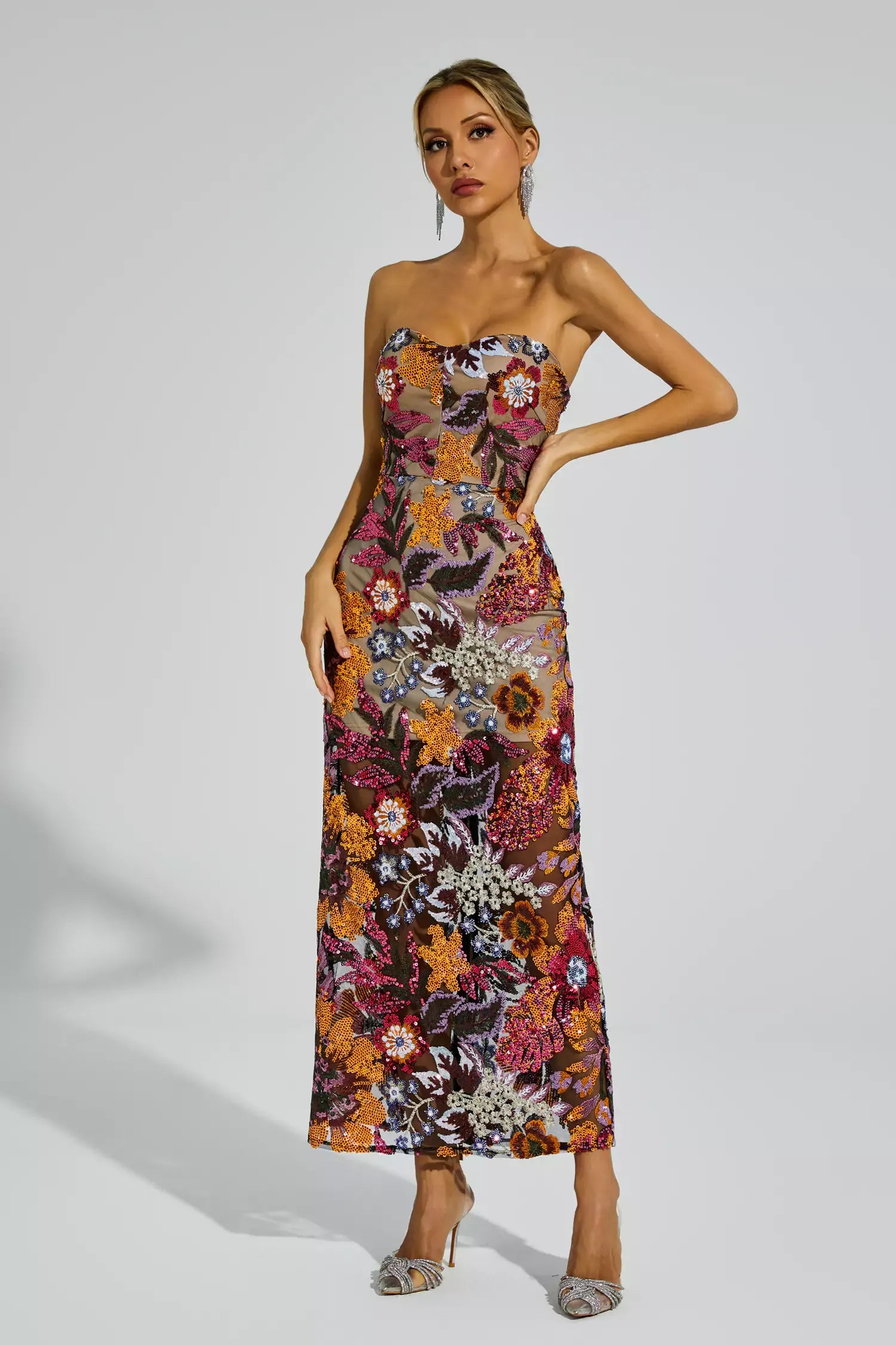 Leanna Orange Flower Embroidered Maxi Dress