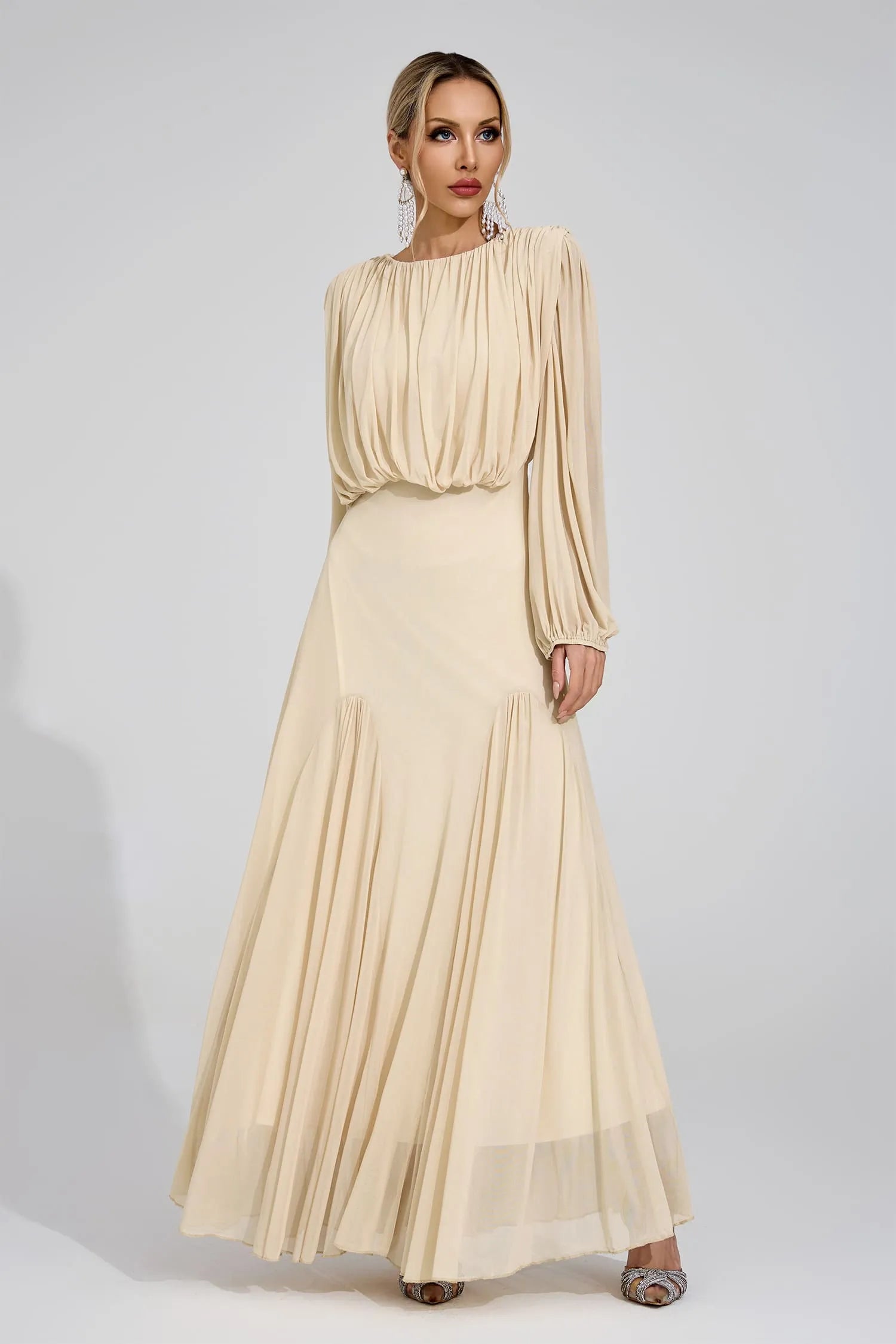 Calypso Beige Pleated Maxi Dress