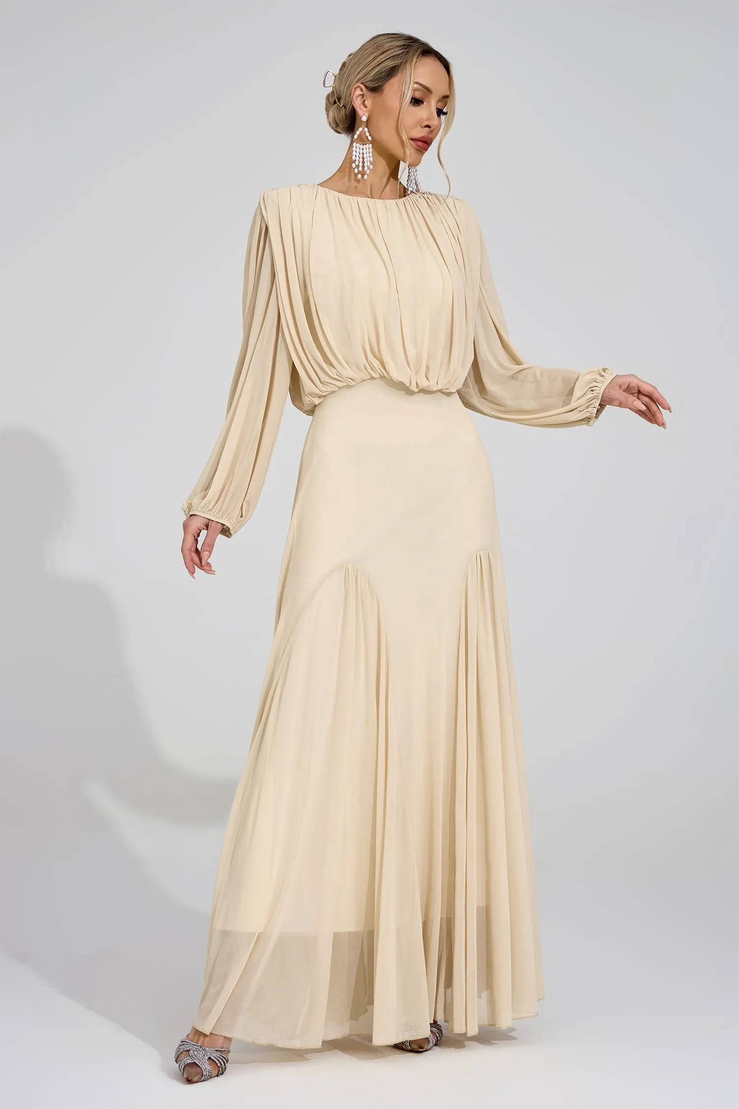 Calypso Beige Pleated Maxi Dress