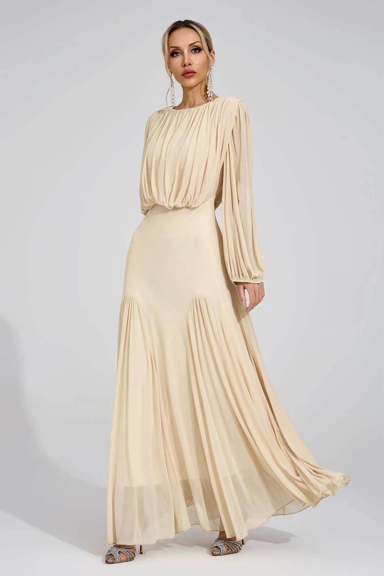 Calypso Beige Pleated Maxi Dress
