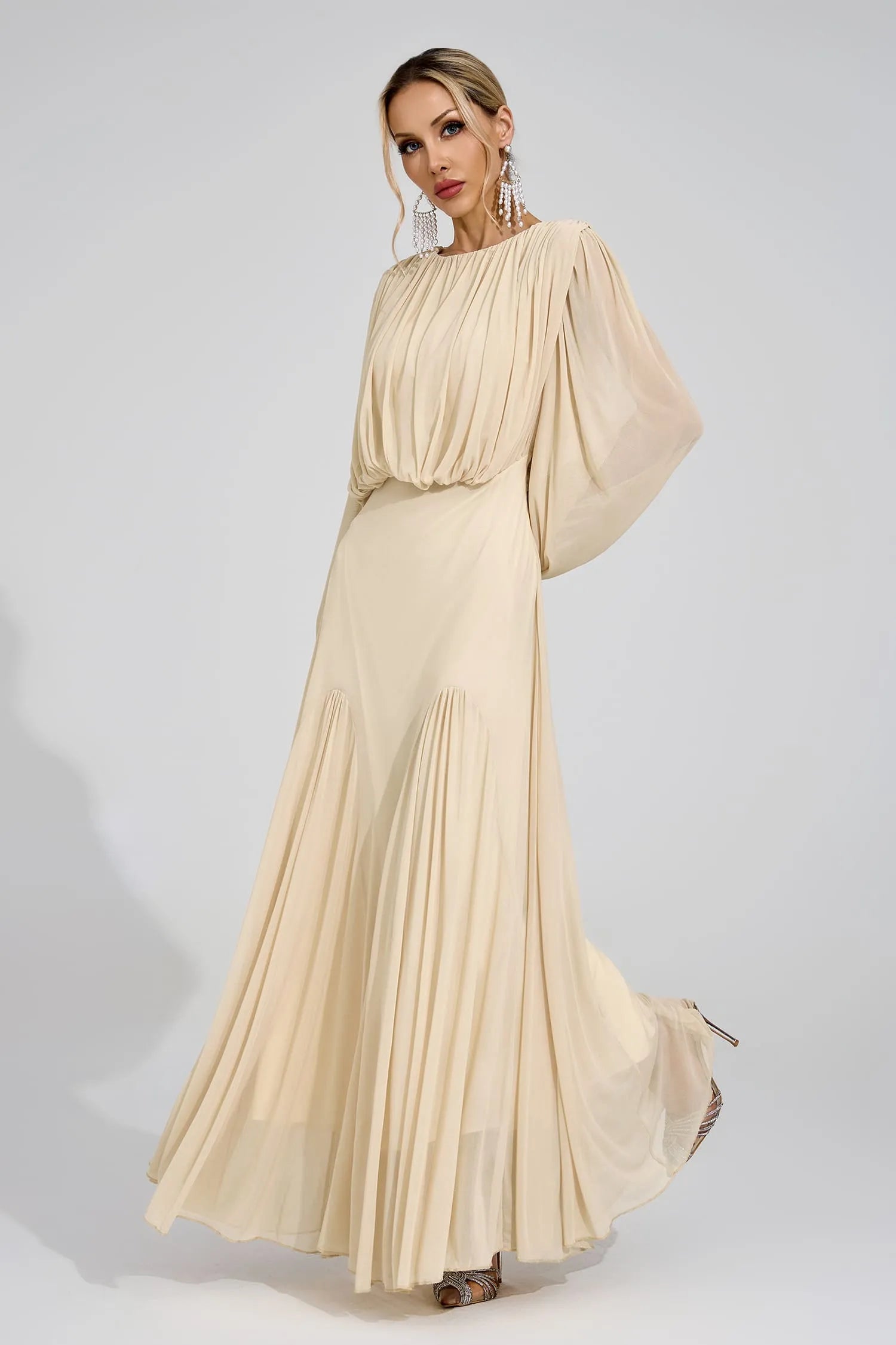 Calypso Beige Pleated Maxi Dress